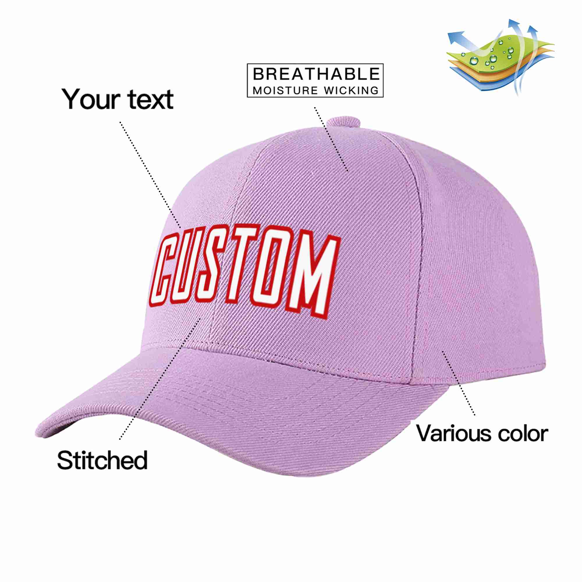 Conception personnalisée de casquette de baseball de sport incurvée violet clair blanc-rouge pour hommes/femmes/jeunes