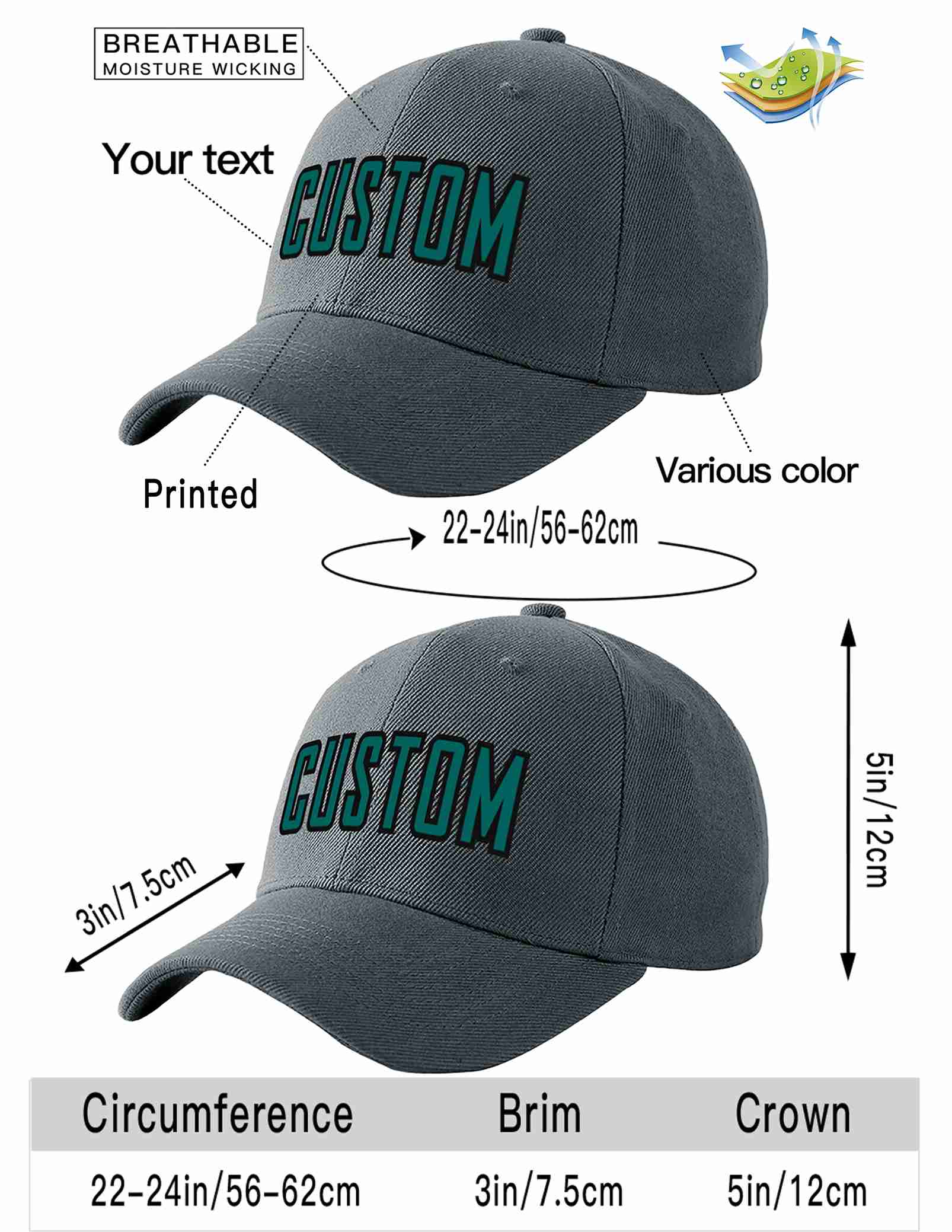 Custom Dark Gray Aqua-Black Curved Eaves Sport Baseball Cap Design for Men/Women/Youth