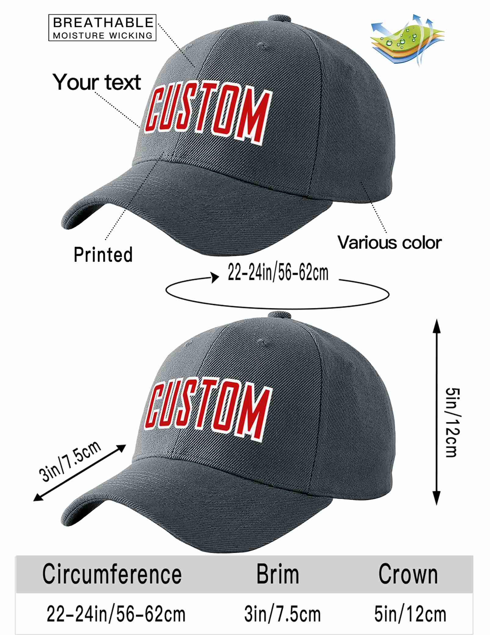 Custom Dark Gray Red-White Curved Eaves Sport Baseball Cap Design for Men/Women/Youth