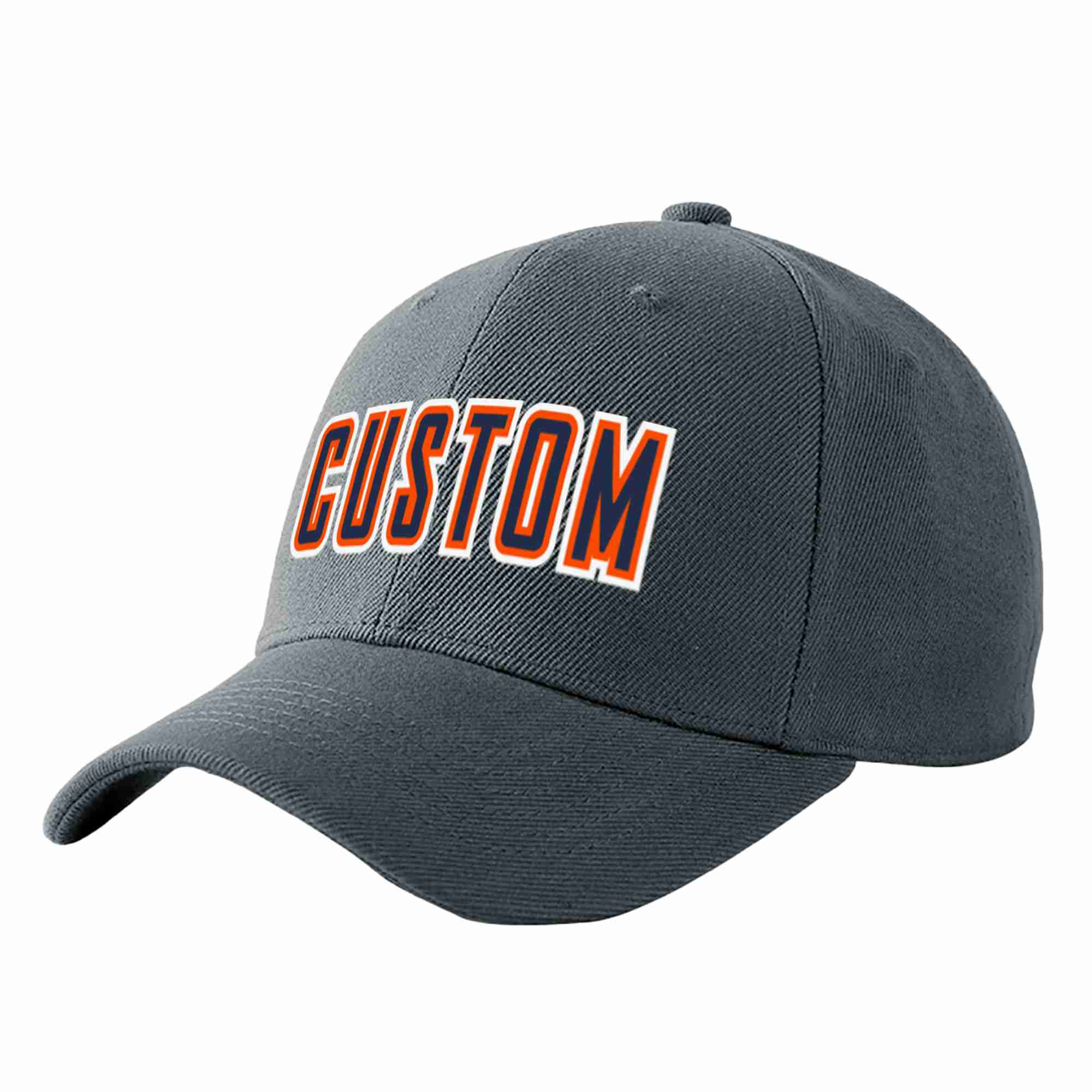 Custom Dark Gray Navy-Orange Curved Eaves Sport Baseball Cap Design for Men/Women/Youth