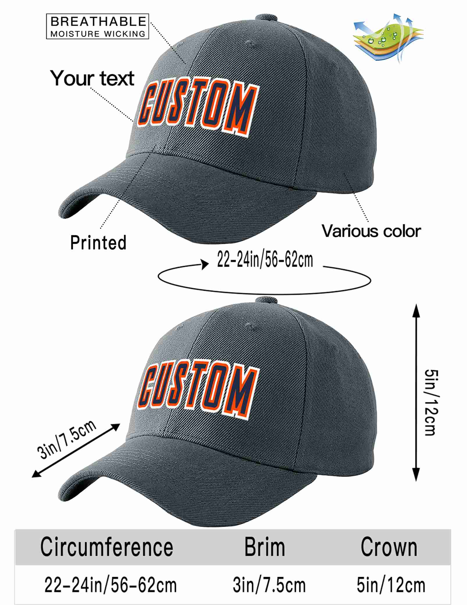 Custom Dark Gray Navy-Orange Curved Eaves Sport Baseball Cap Design for Men/Women/Youth