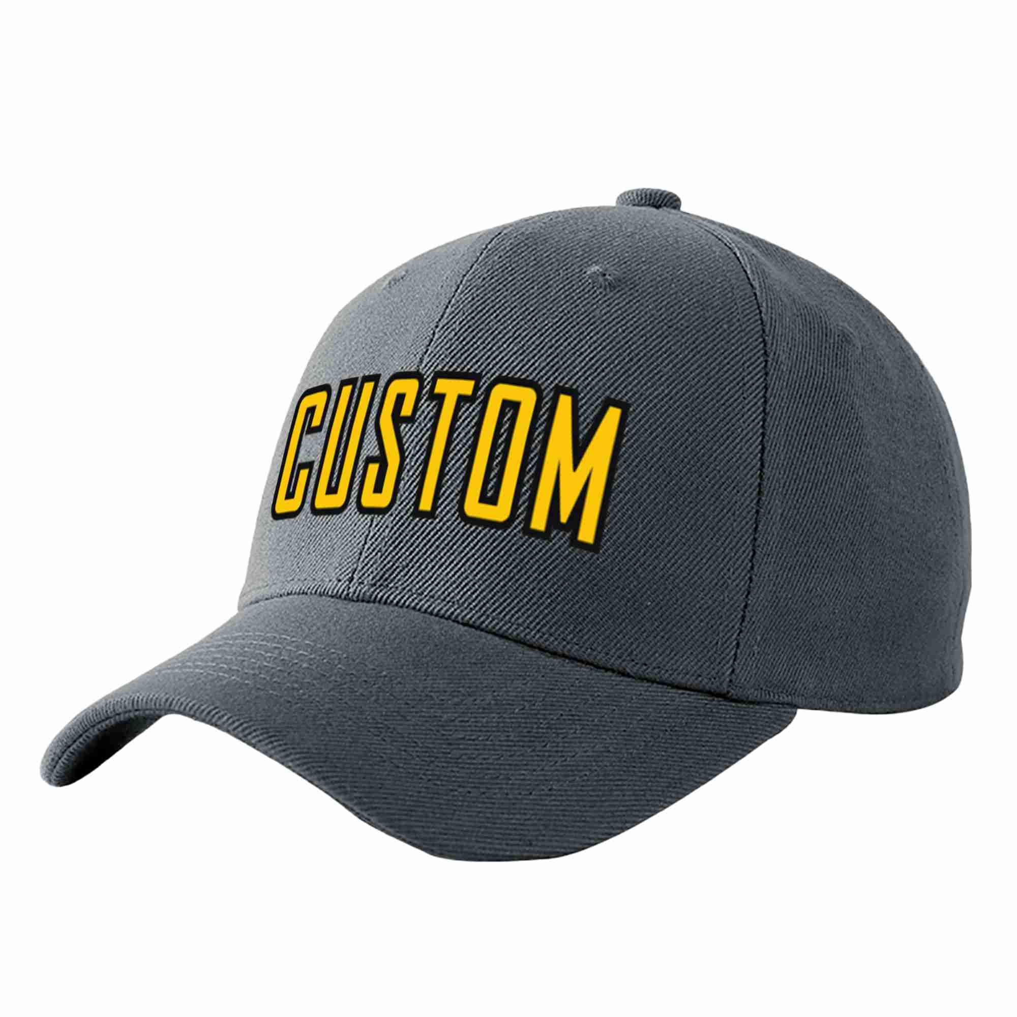 Custom Dark Gray Gold-Black Curved Eaves Sport Baseball Cap Design for Men/Women/Youth