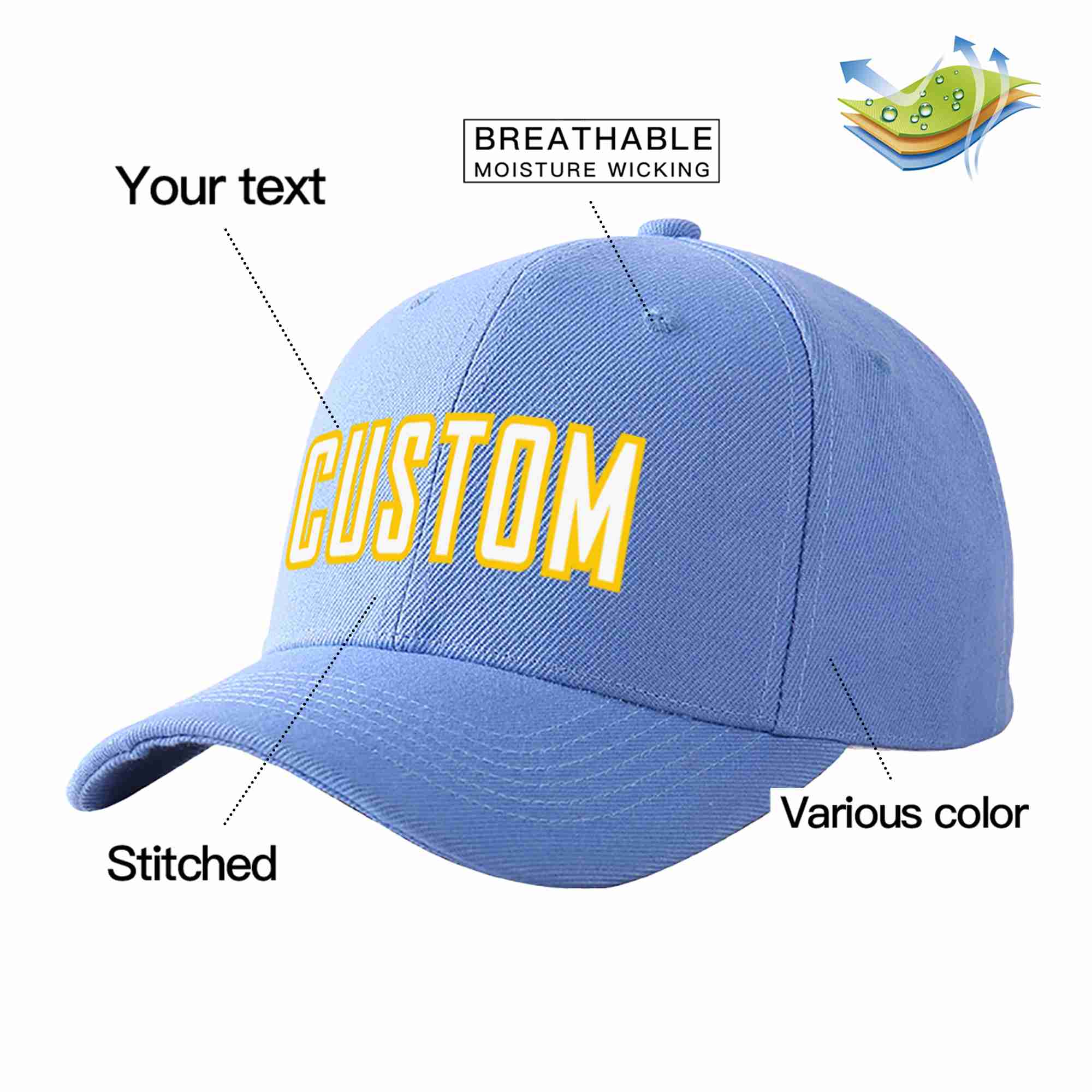 Conception personnalisée de casquette de baseball de sport courbée bleu ciel blanc-or pour hommes/femmes/jeunes