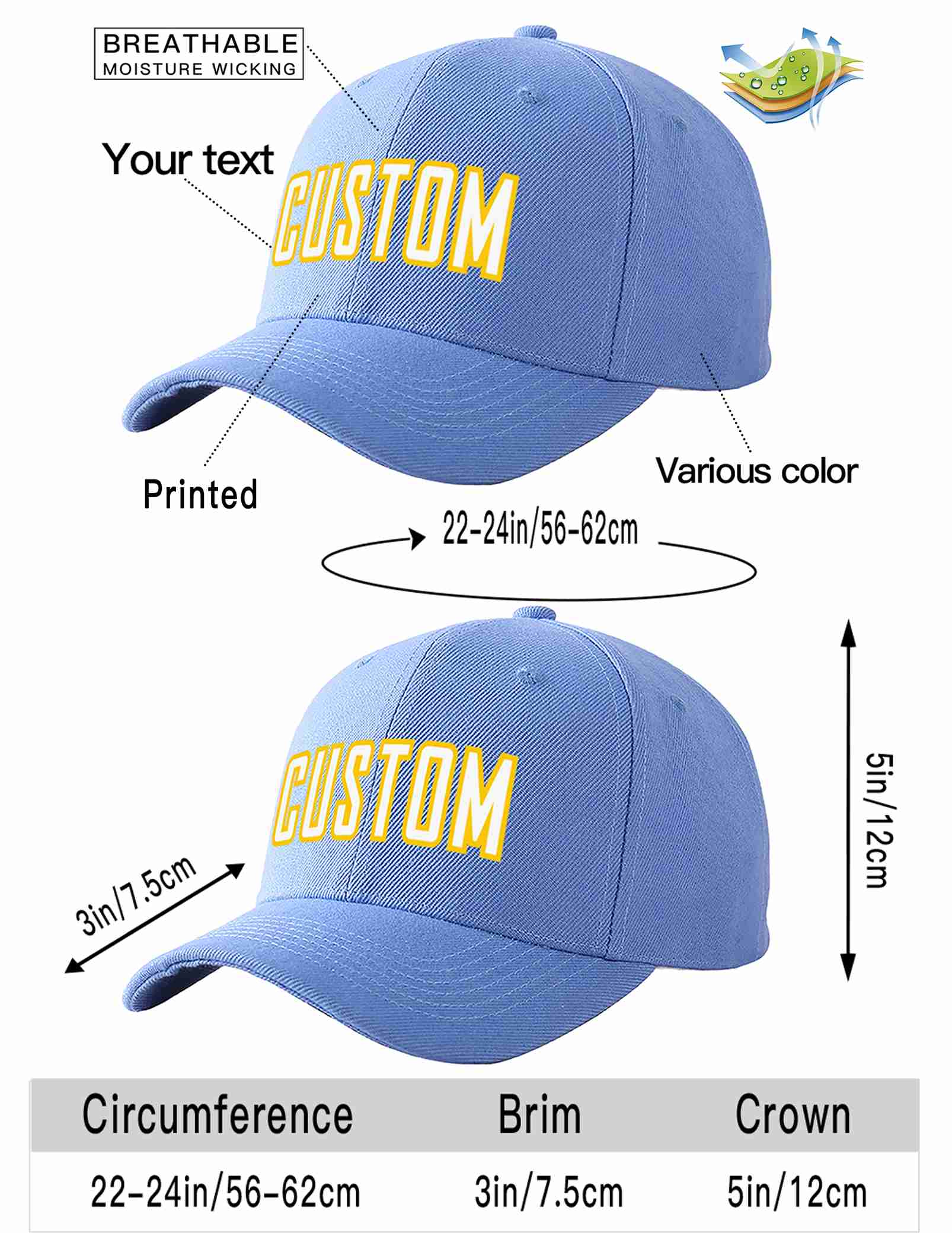 Custom Sky Blue White-Gold Curved Eaves Sport Baseball Cap Design for Men/Women/Youth