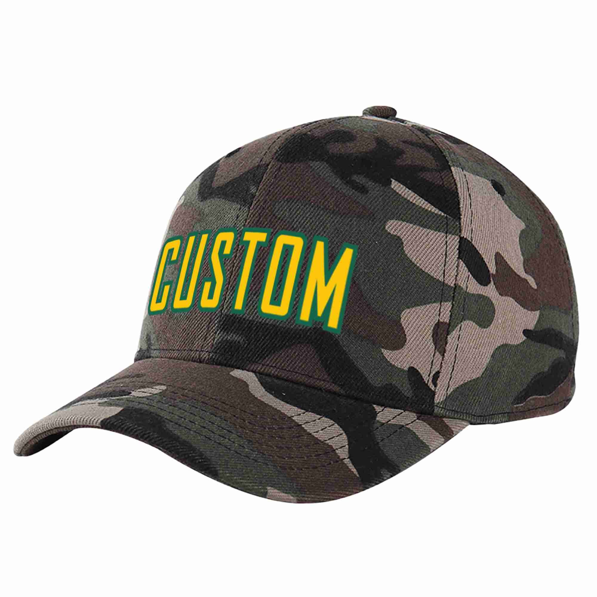 Custom Camo Gold-Kelly Green Curved Eaves Sport Baseball Cap Design for Men/Women/Youth