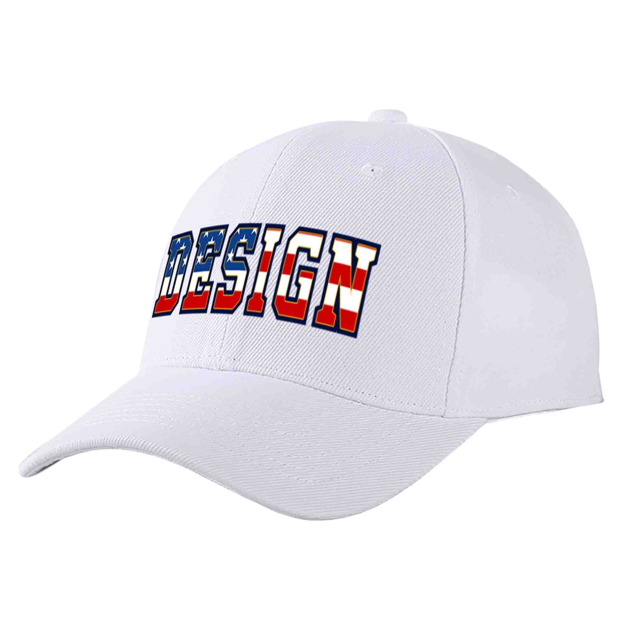 Casquette de baseball personnalisée avec drapeau américain vintage, design sportif, avec avant-toit incurvé doré, blanc