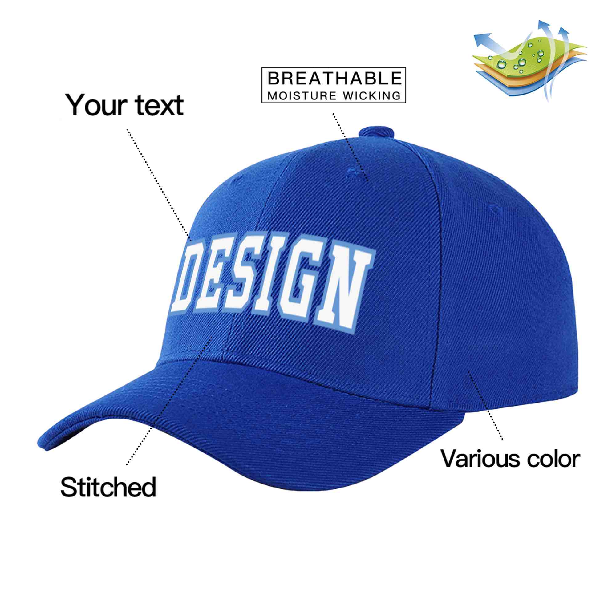 Casquette de baseball personnalisée Royal White-Light Blue Curved Eaves Sport Design