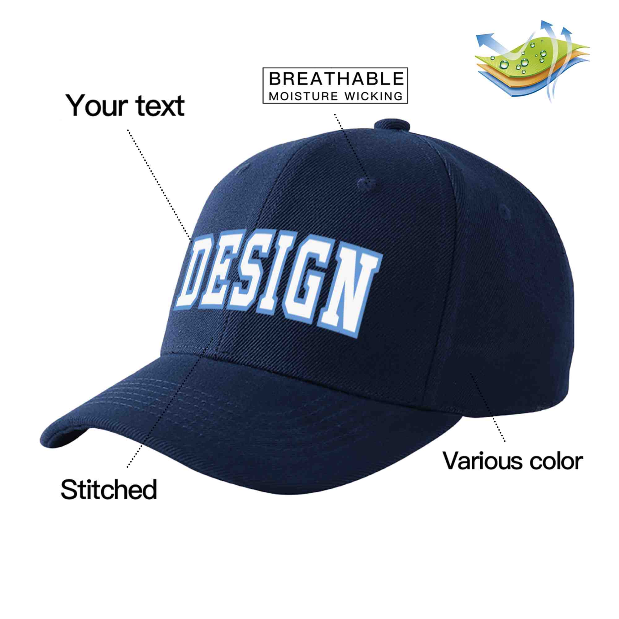 Casquette de baseball personnalisée bleu marine blanc-bleu clair avec avant-toit incurvé