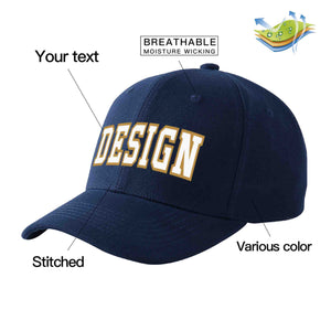 Casquette de baseball personnalisée bleu marine-vieil or incurvée avec avant-toit et design sportif