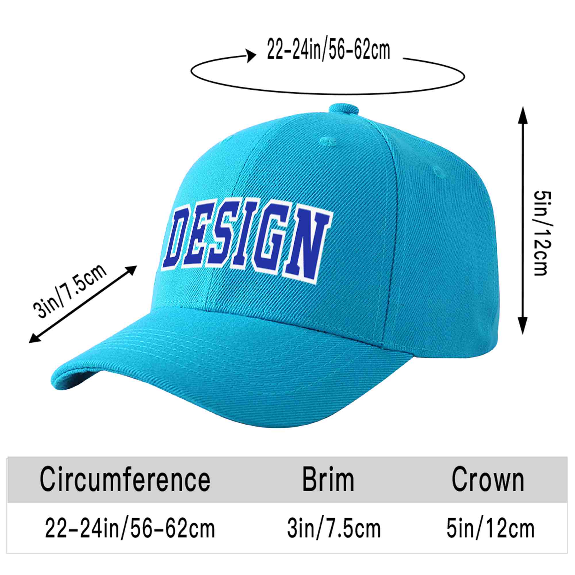 Custom Aqua Royal-White Curved Eaves Sport Design Baseball Cap