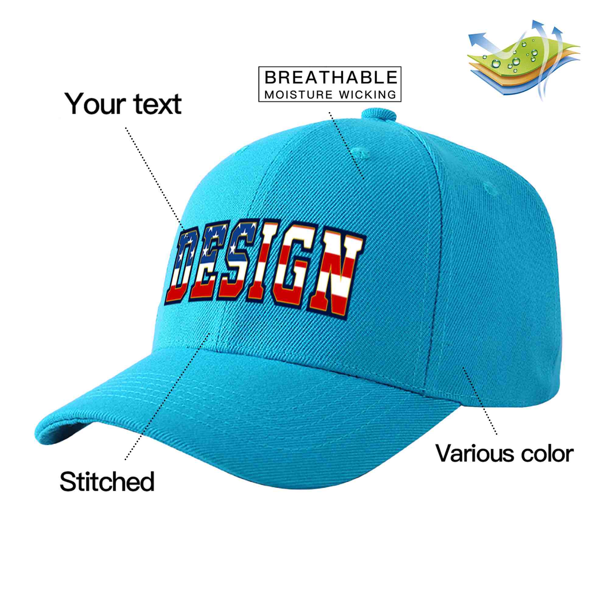 Casquette de baseball personnalisée Aqua Vintage USA Flag-Gold incurvée Eaves Sport Design