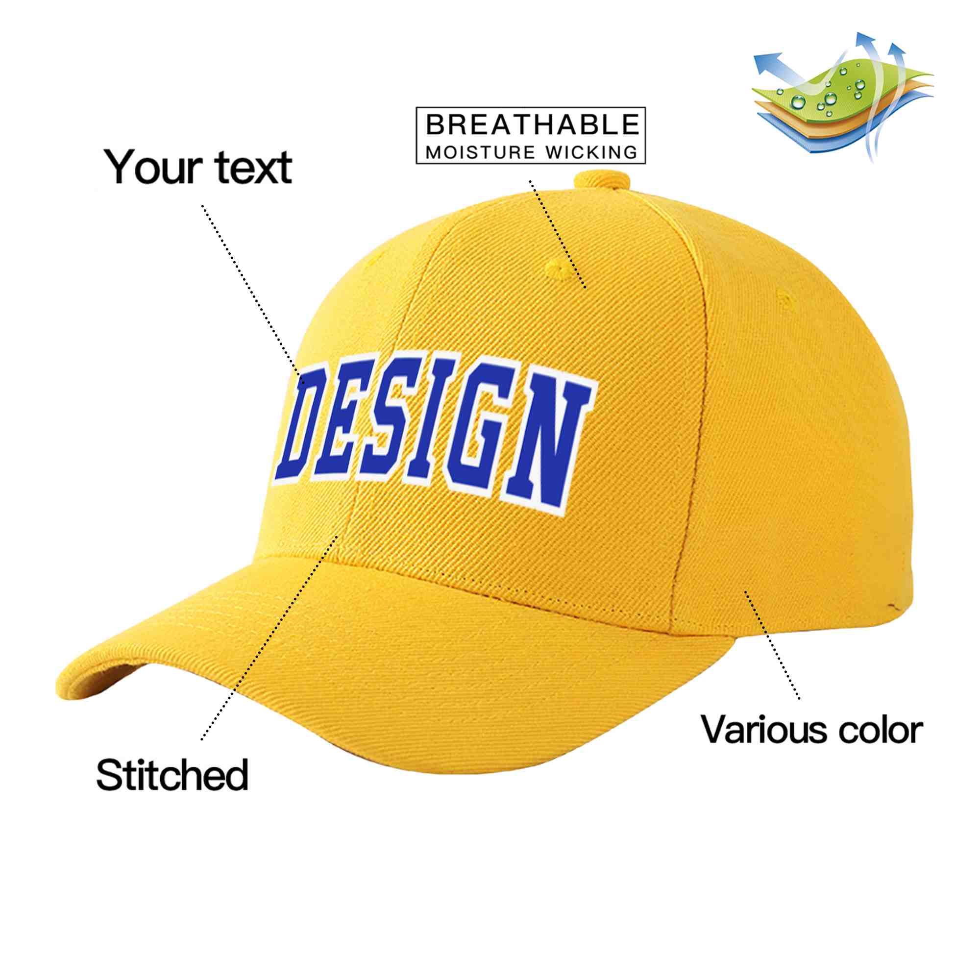 Casquette de baseball personnalisée en or Royal-White Curved Eaves Sport Design