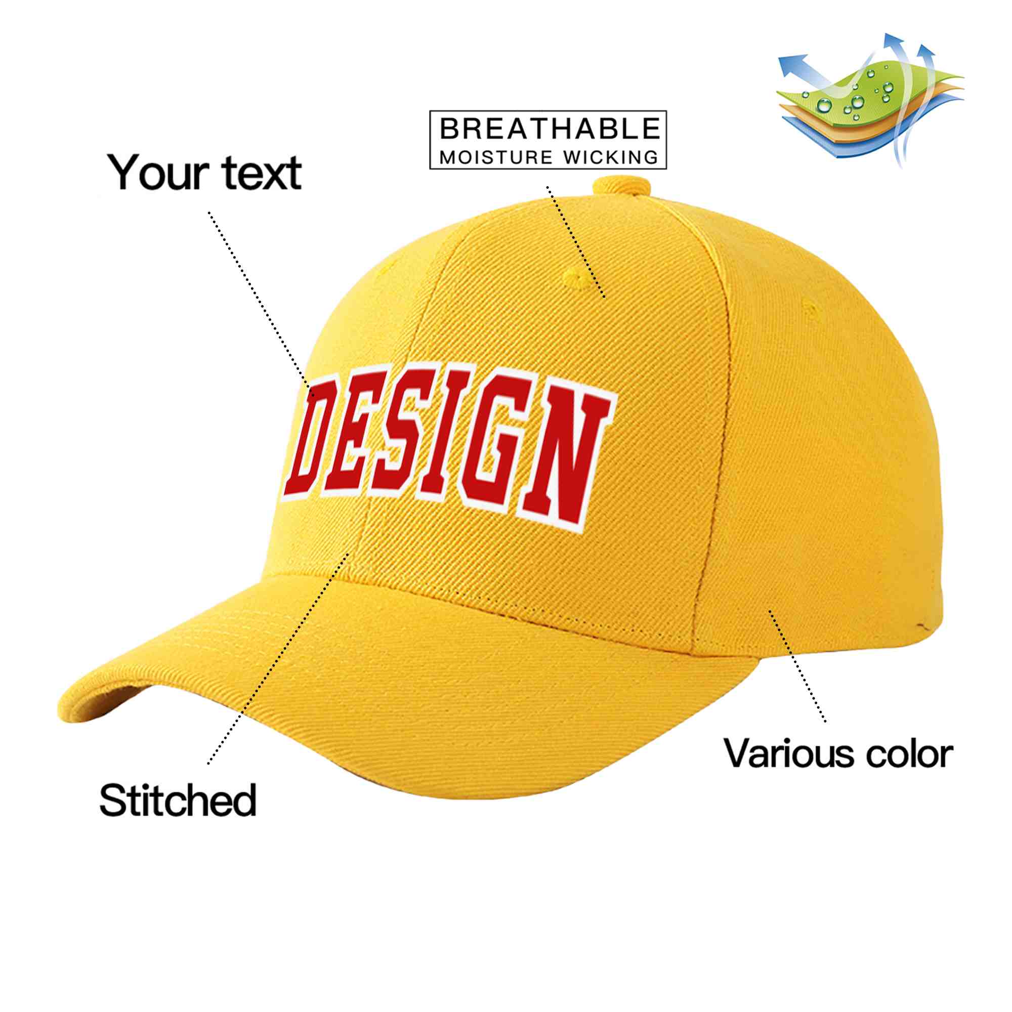 Custom Gold Red-White Curved Eaves Sport Design Baseball Cap