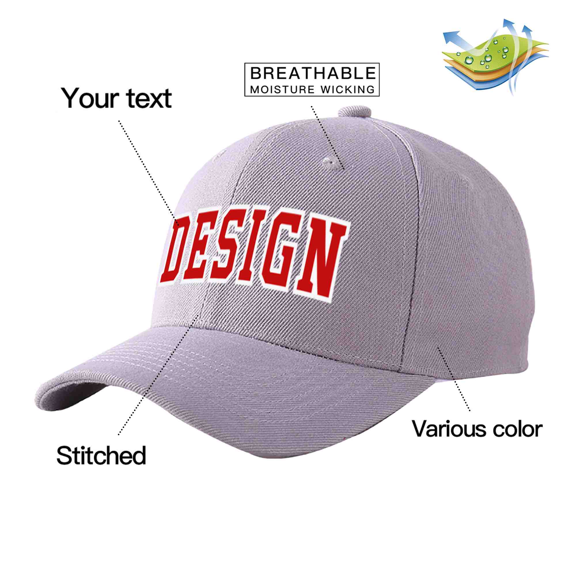 Custom Gray Red-White Curved Eaves Sport Design Baseball Cap