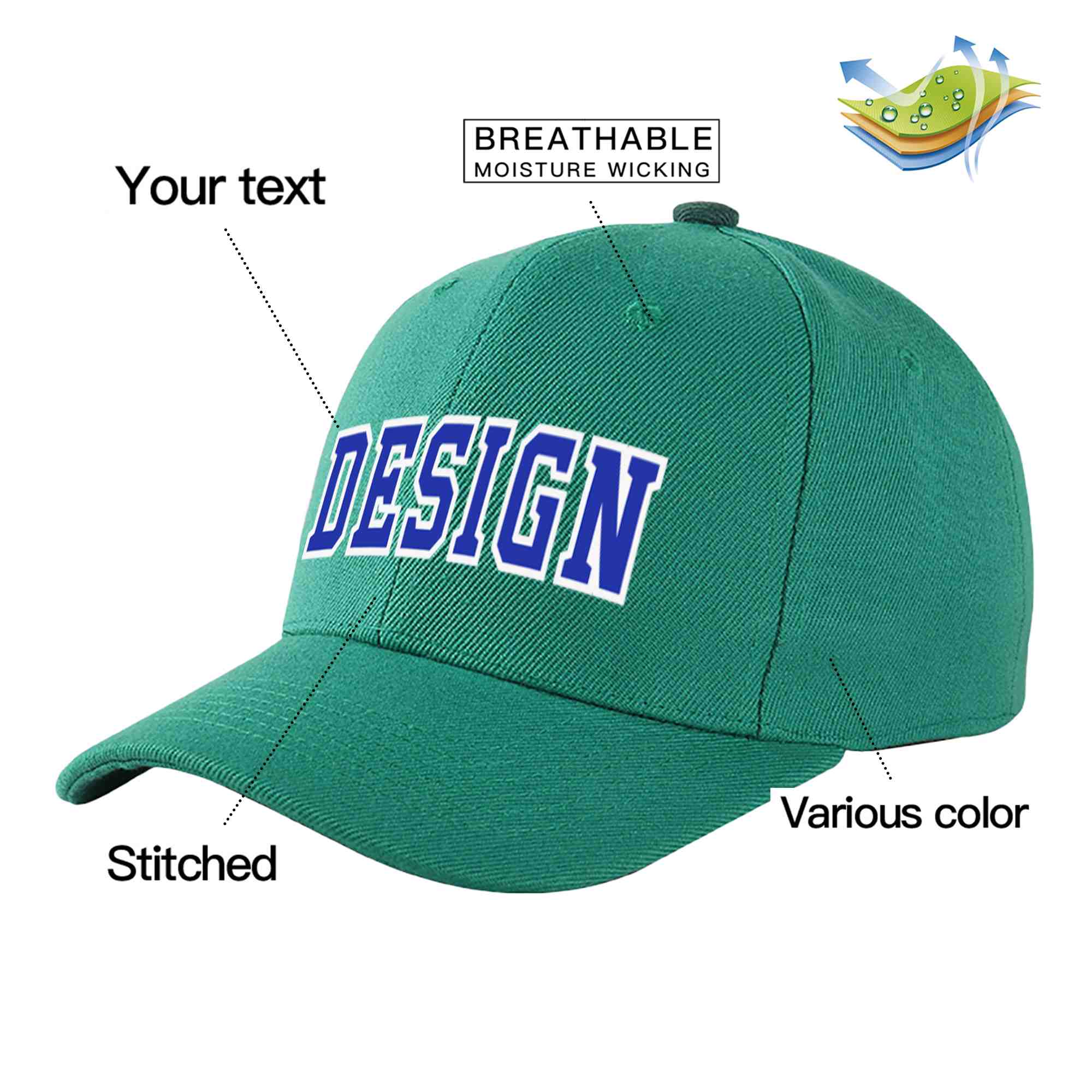 Casquette de baseball personnalisée vert clair Royal-White Curved Eaves Sport Design