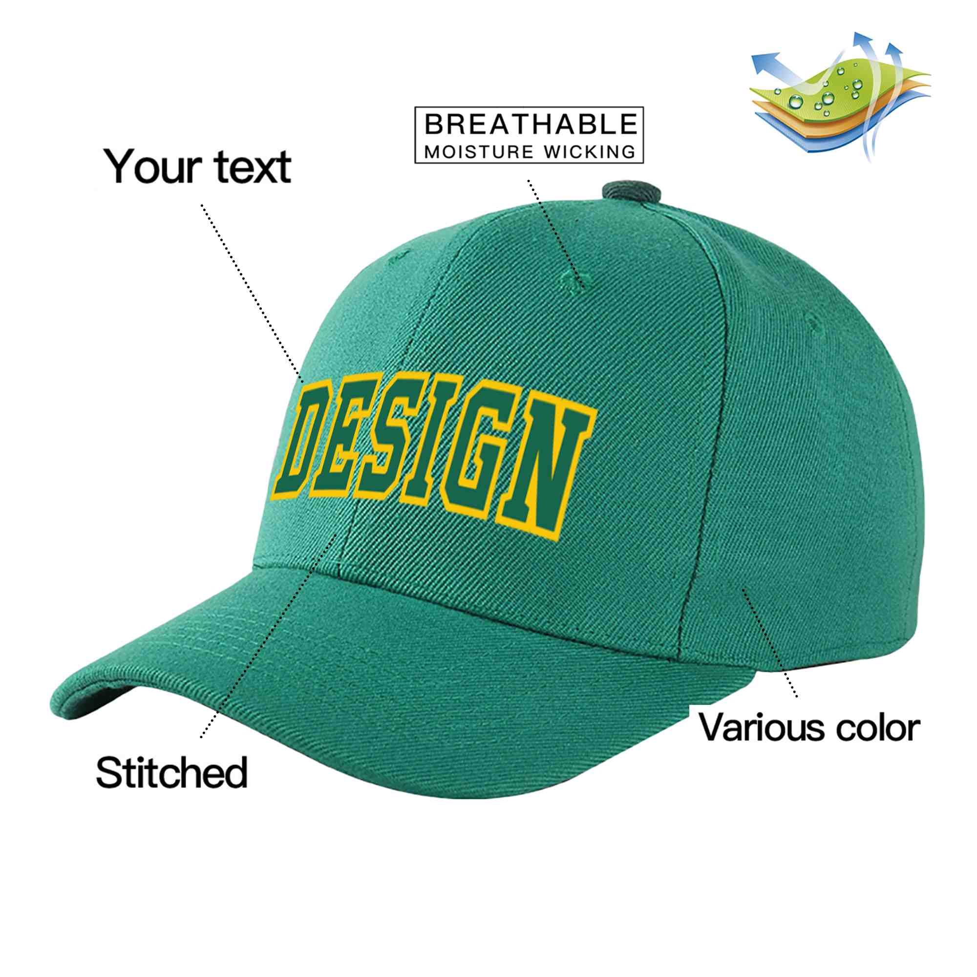 Casquette de baseball personnalisée vert clair Kelly vert-or courbée Eaves Sport Design