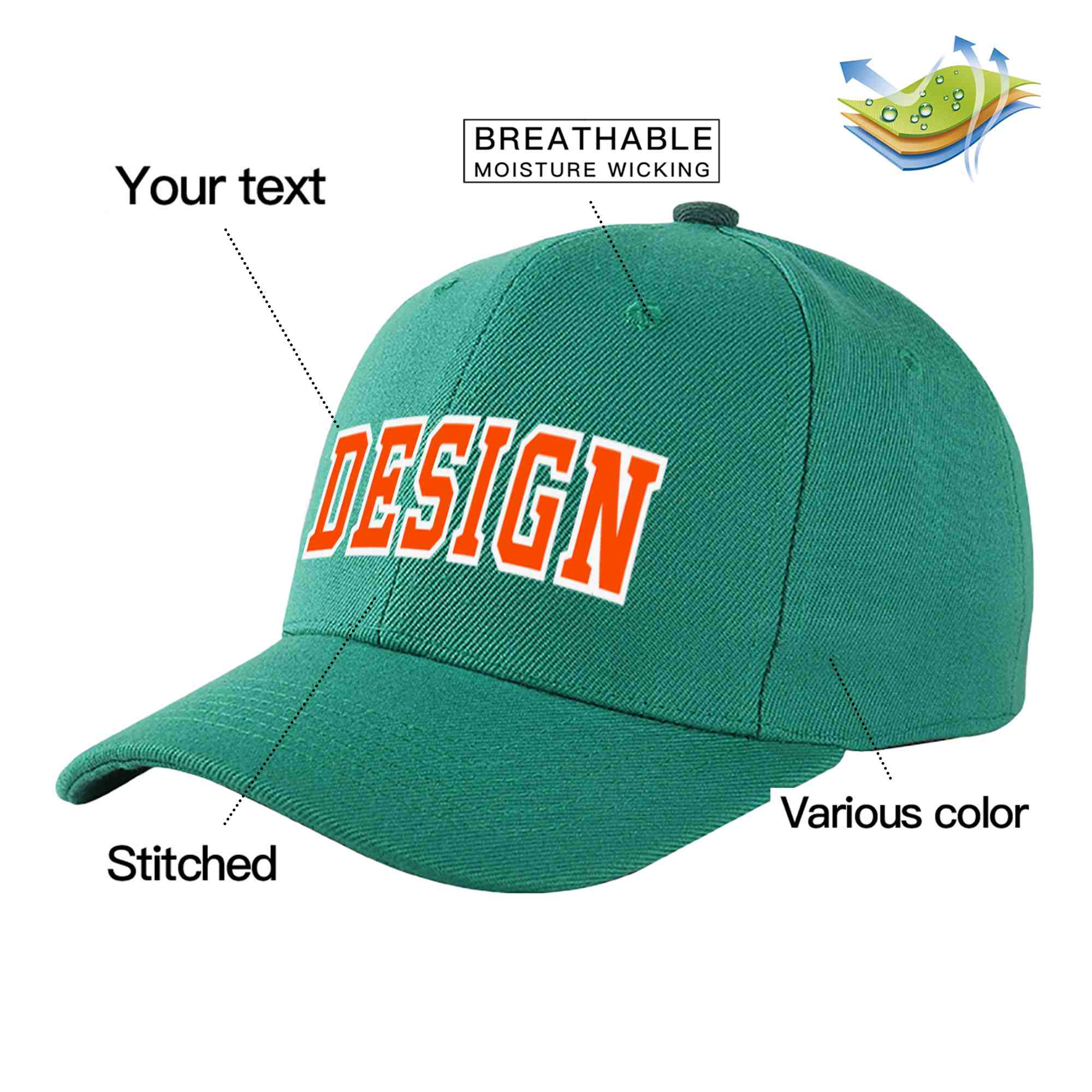 Custom Light Green Orange-White Curved Eaves Sport Design Baseball Cap