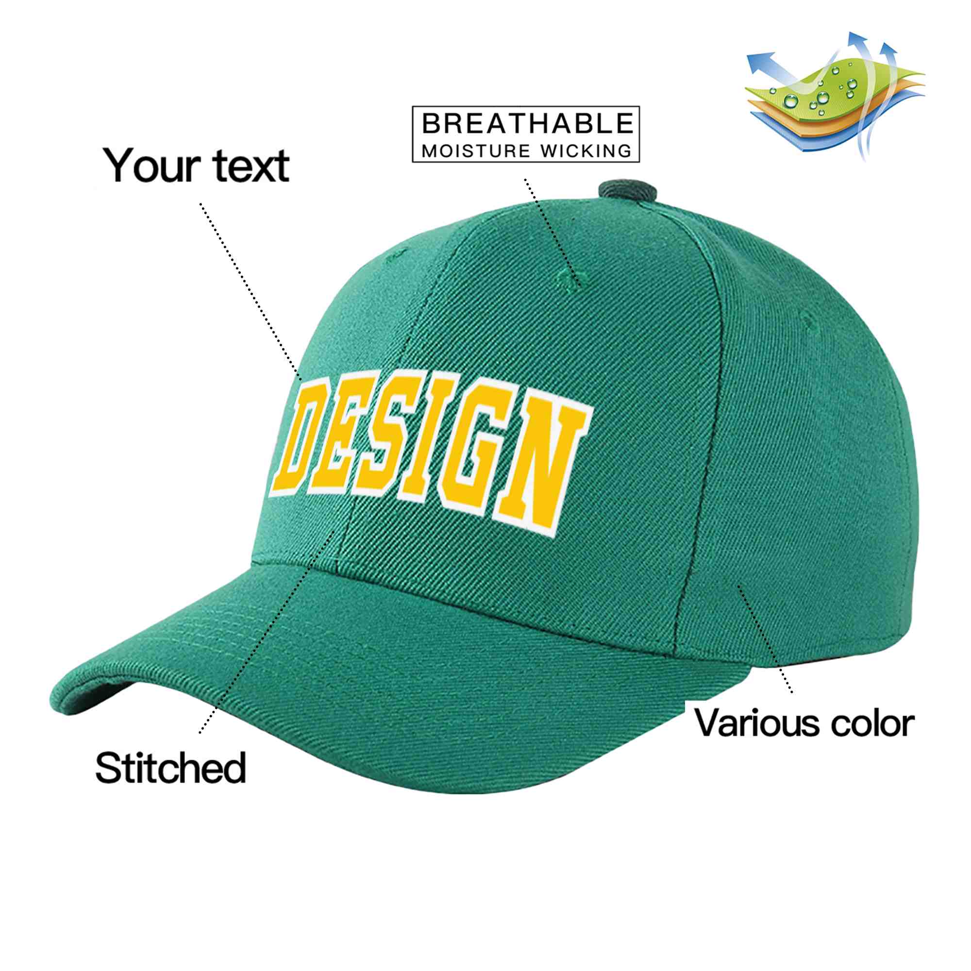 Custom Light Green Gold-White Curved Eaves Sport Design Baseball Cap