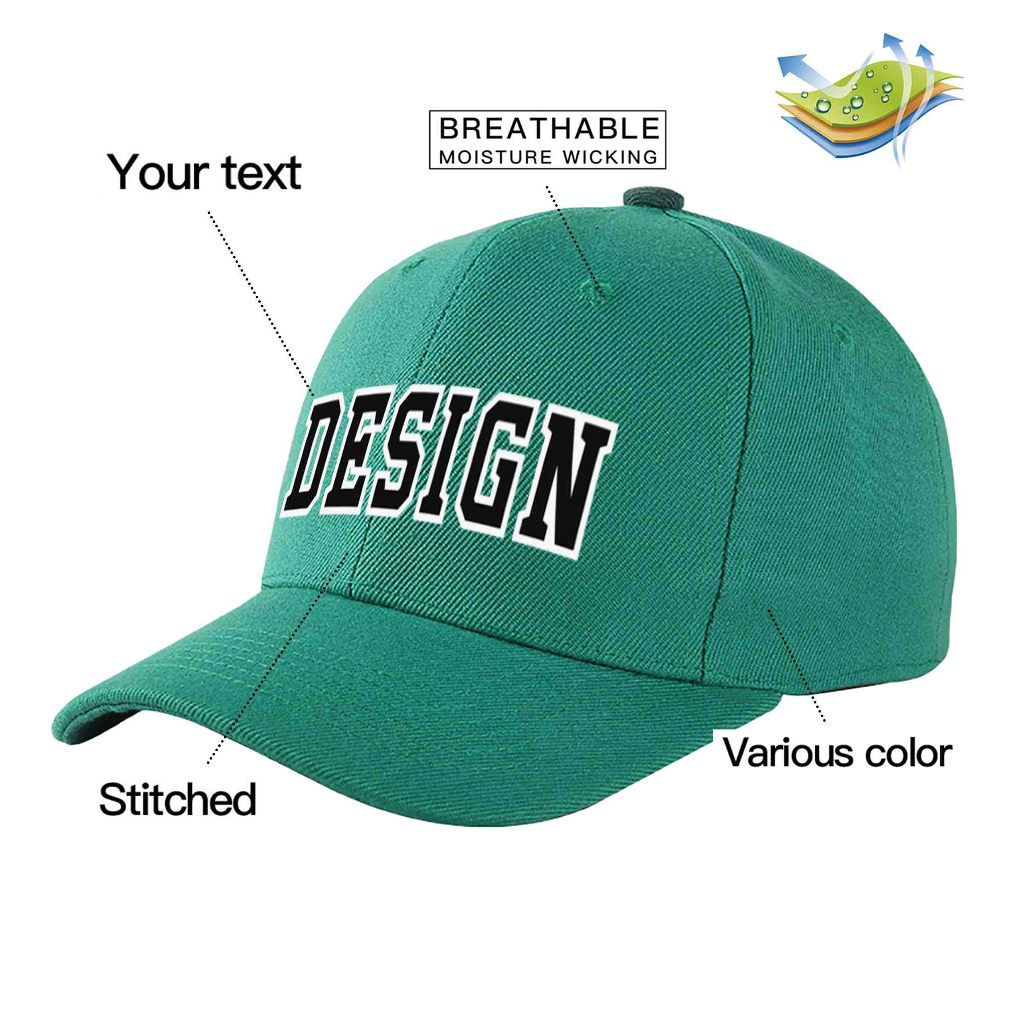 Casquette de baseball incurvée personnalisée vert clair noir-blanc avec avant-toit