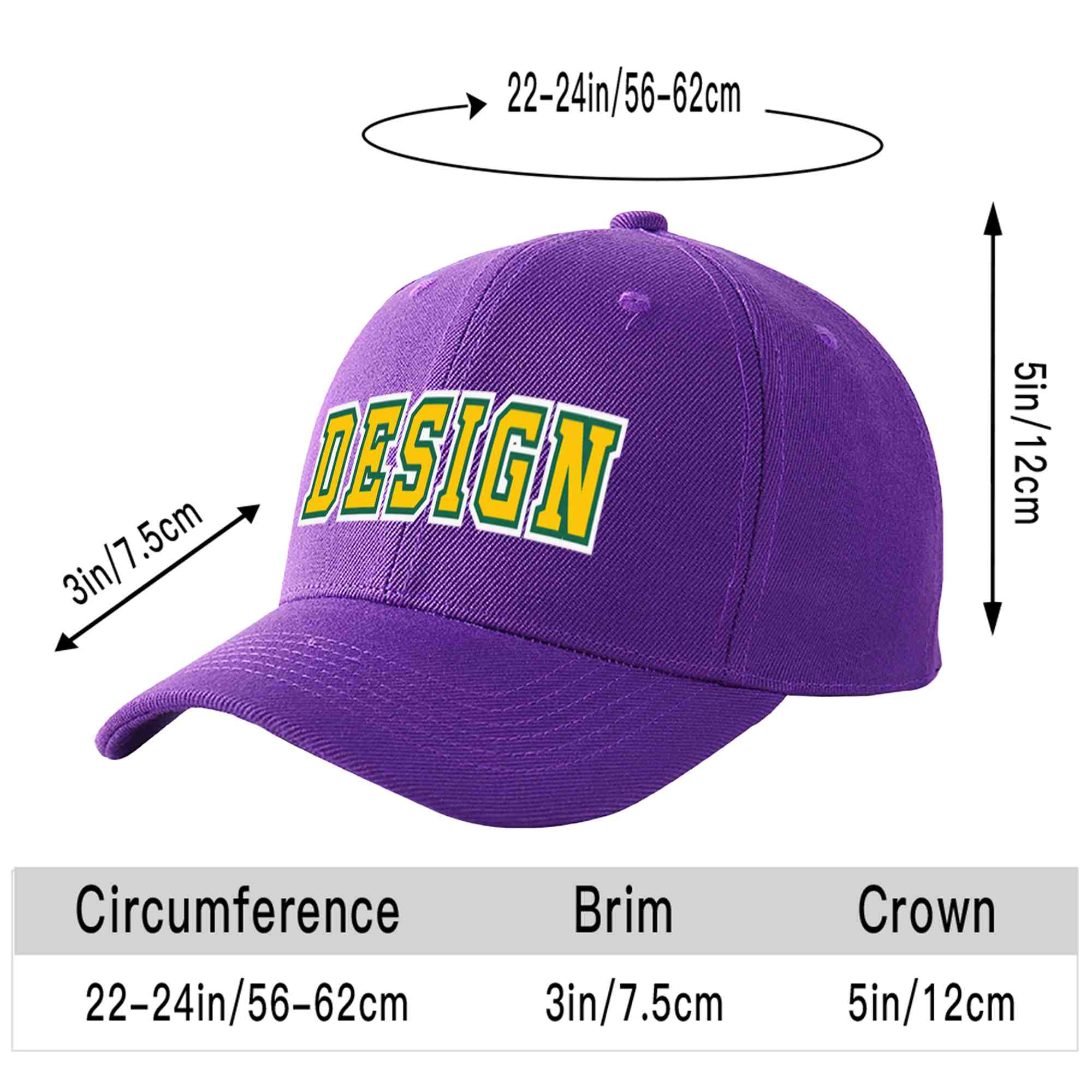 Custom Purple Gold-Kelly Green Curved Eaves Sport Design Baseball Cap