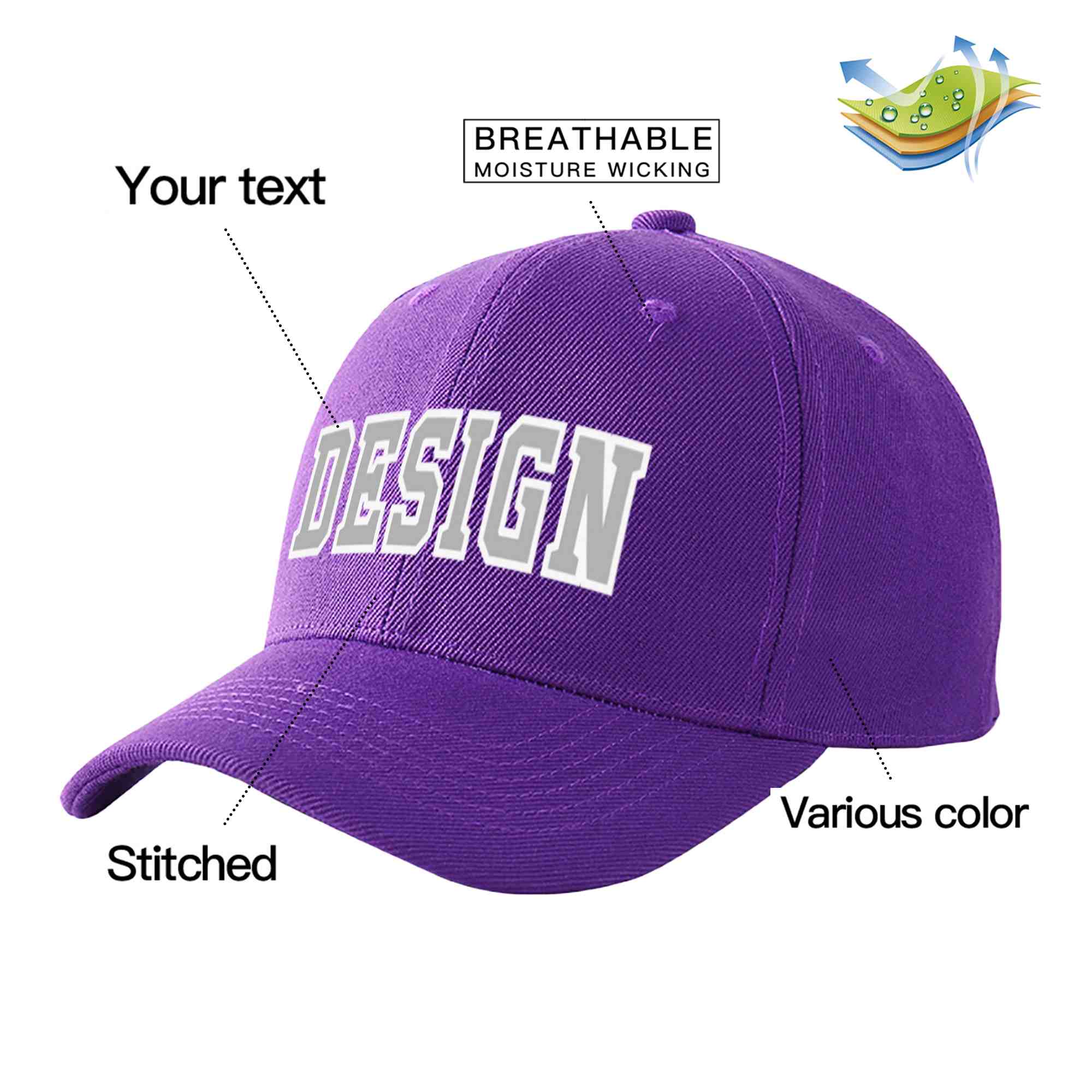 Casquette de baseball personnalisée, violet, gris-blanc, courbée, design sportif