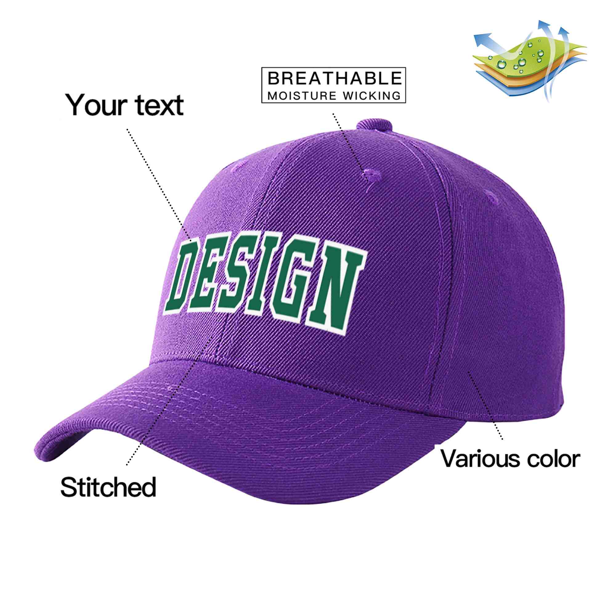 Casquette de baseball personnalisée violet Kelly vert-blanc courbé Eaves Sport Design