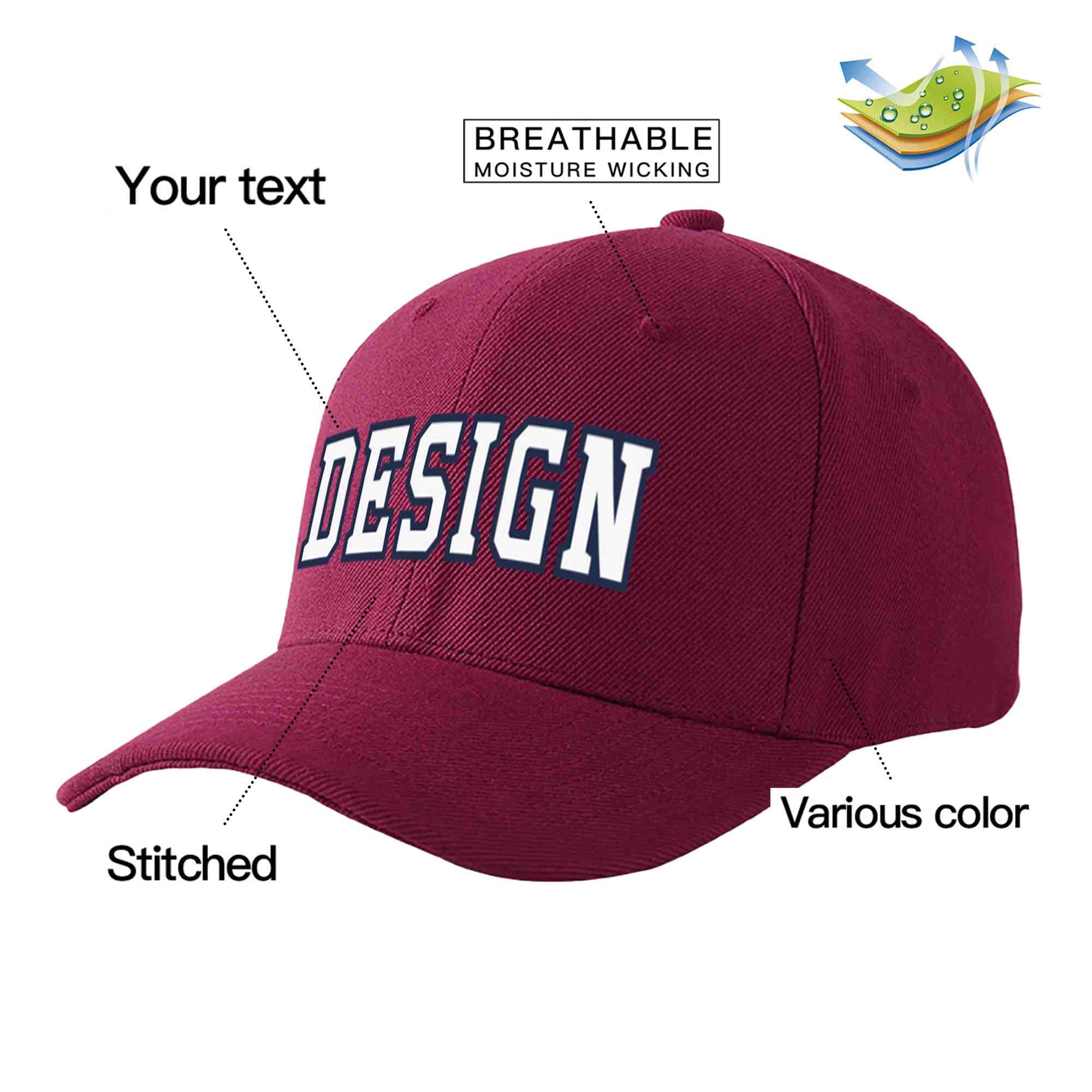 Custom Red Wine White-Navy Curved Eaves Sport Design Baseball Cap