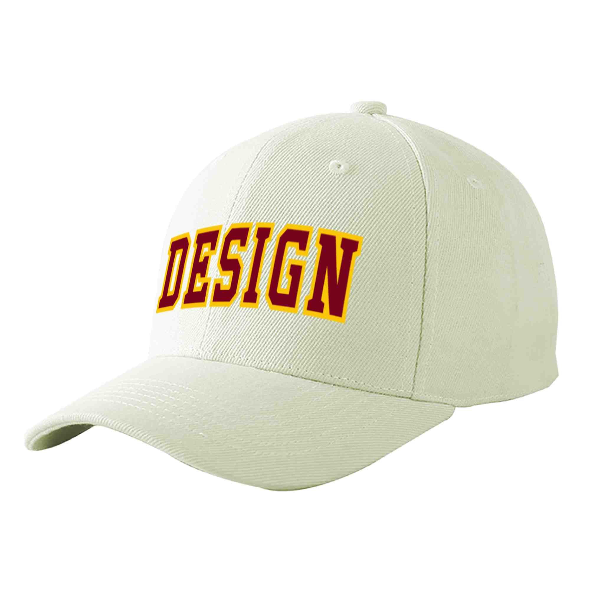 Custom Cream Crimson-Gold Curved Eaves Sport Design Baseball Cap