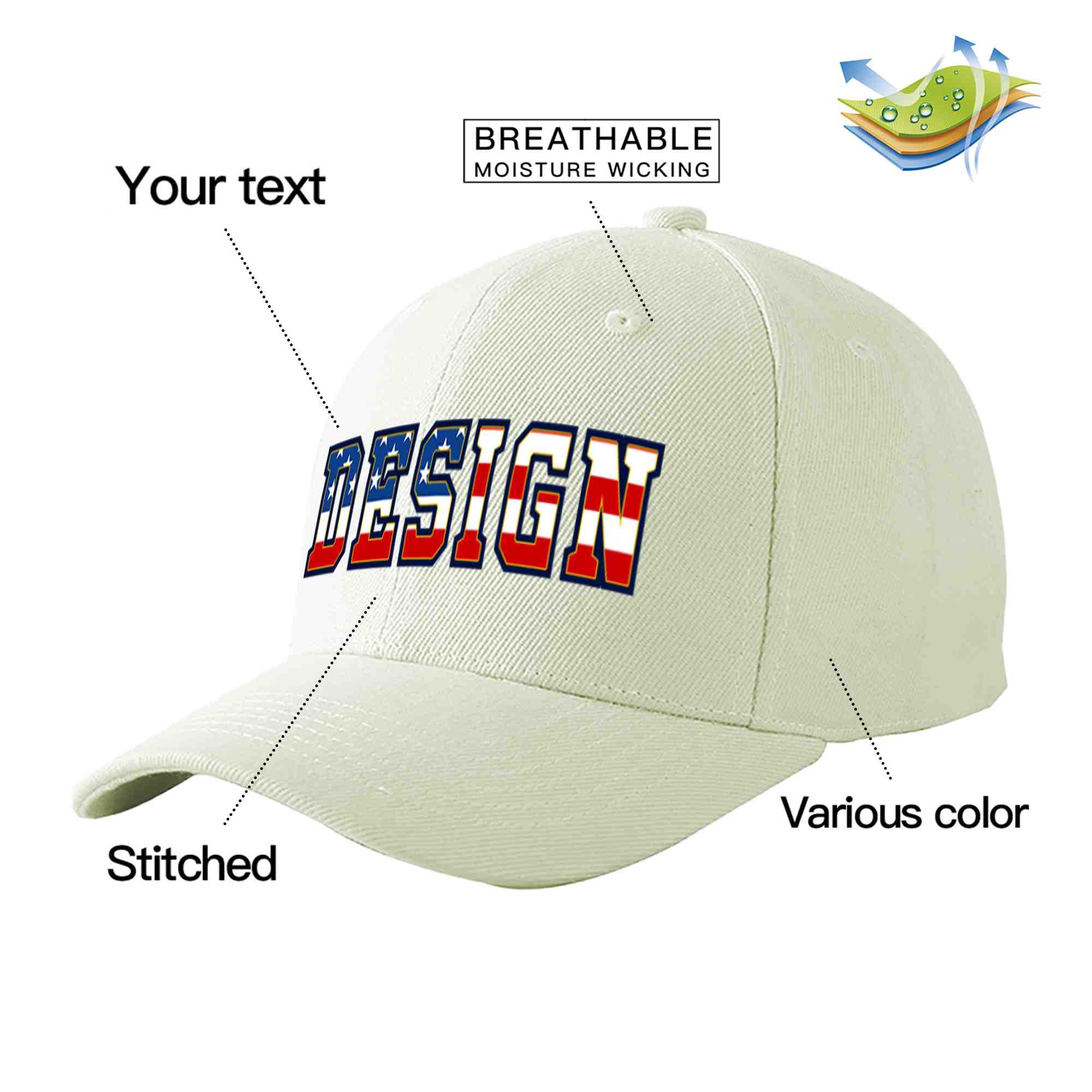 Custom Cream Vintage USA Flag-Gold Curved Eaves Sport Design Baseball Cap