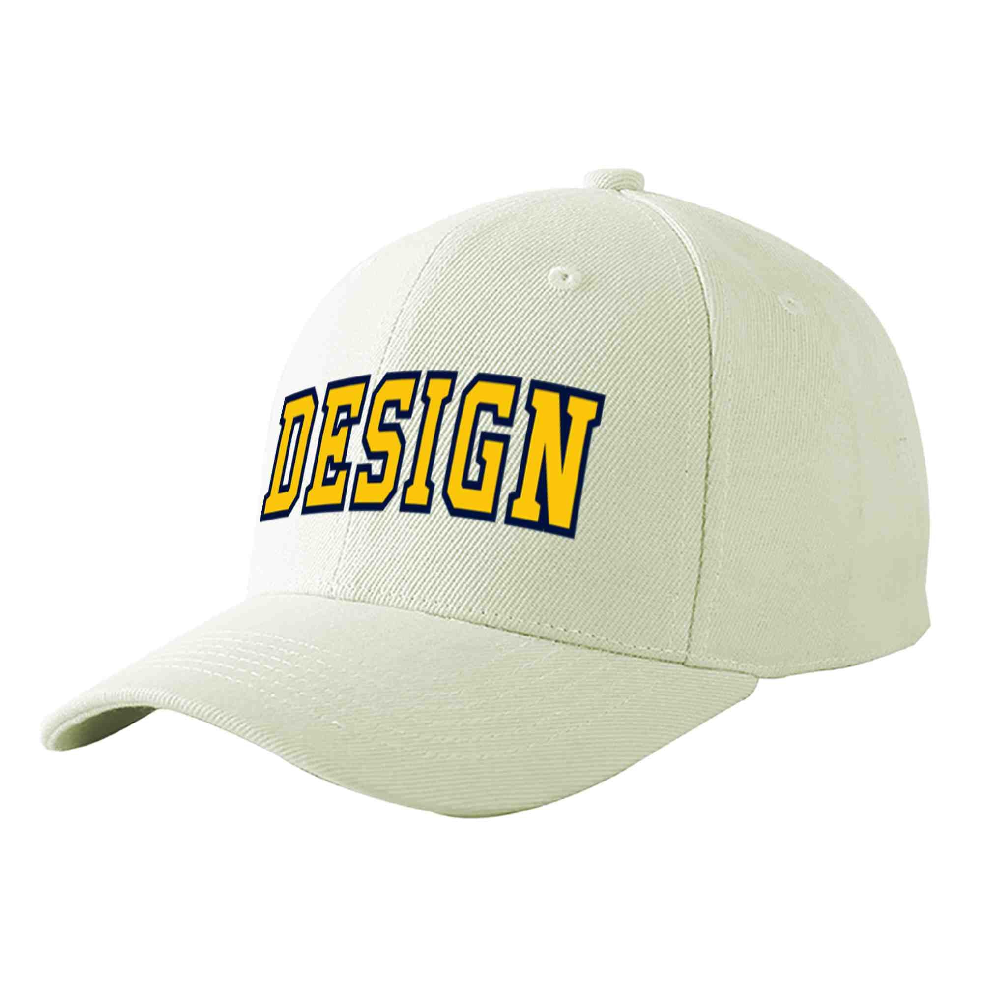 Custom Cream Gold-Navy Curved Eaves Sport Design Baseball Cap