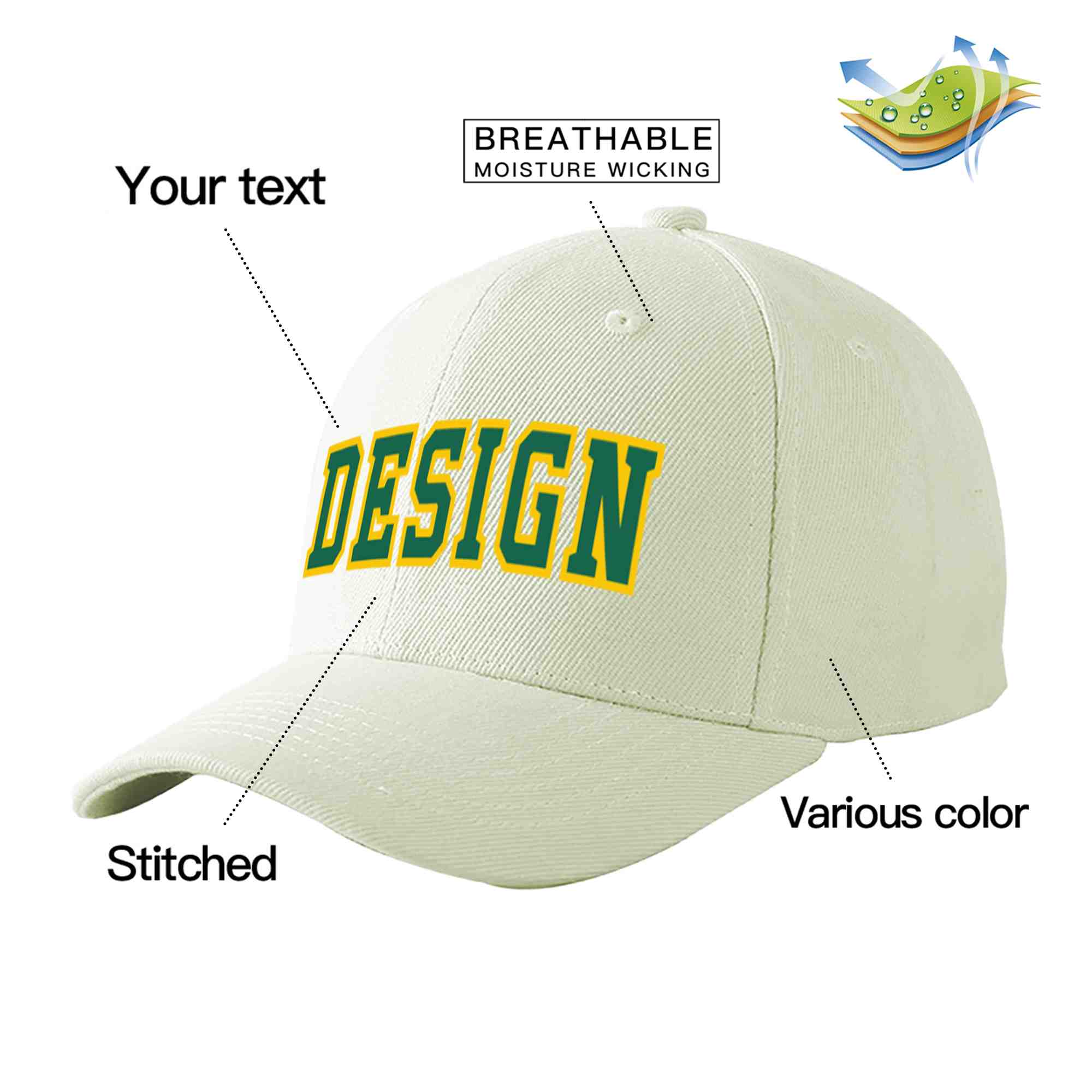 Casquette de baseball personnalisée crème Kelly vert-or courbée Eaves Sport Design