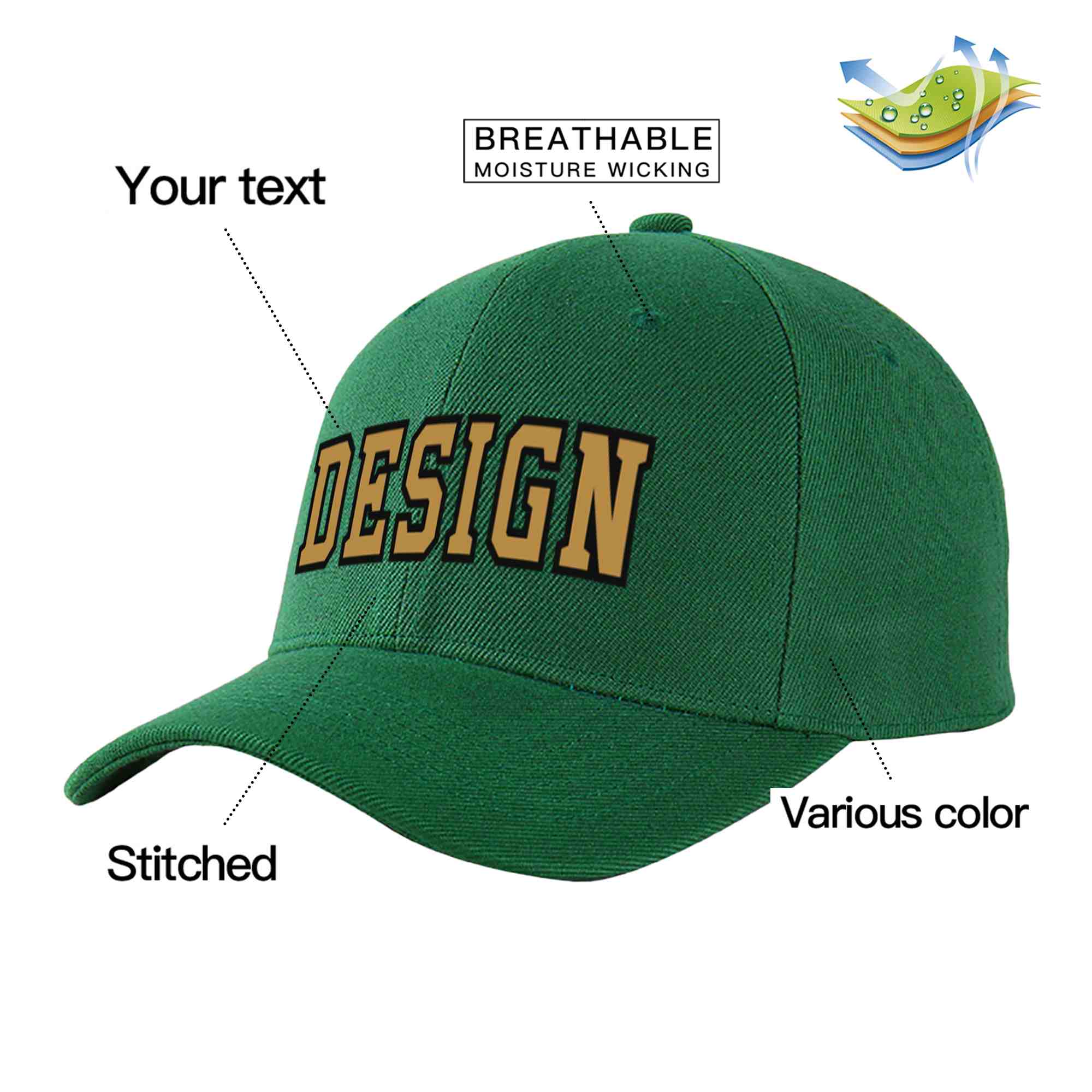 Custom Green Old Gold-Black Curved Eaves Sport Design Baseball Cap