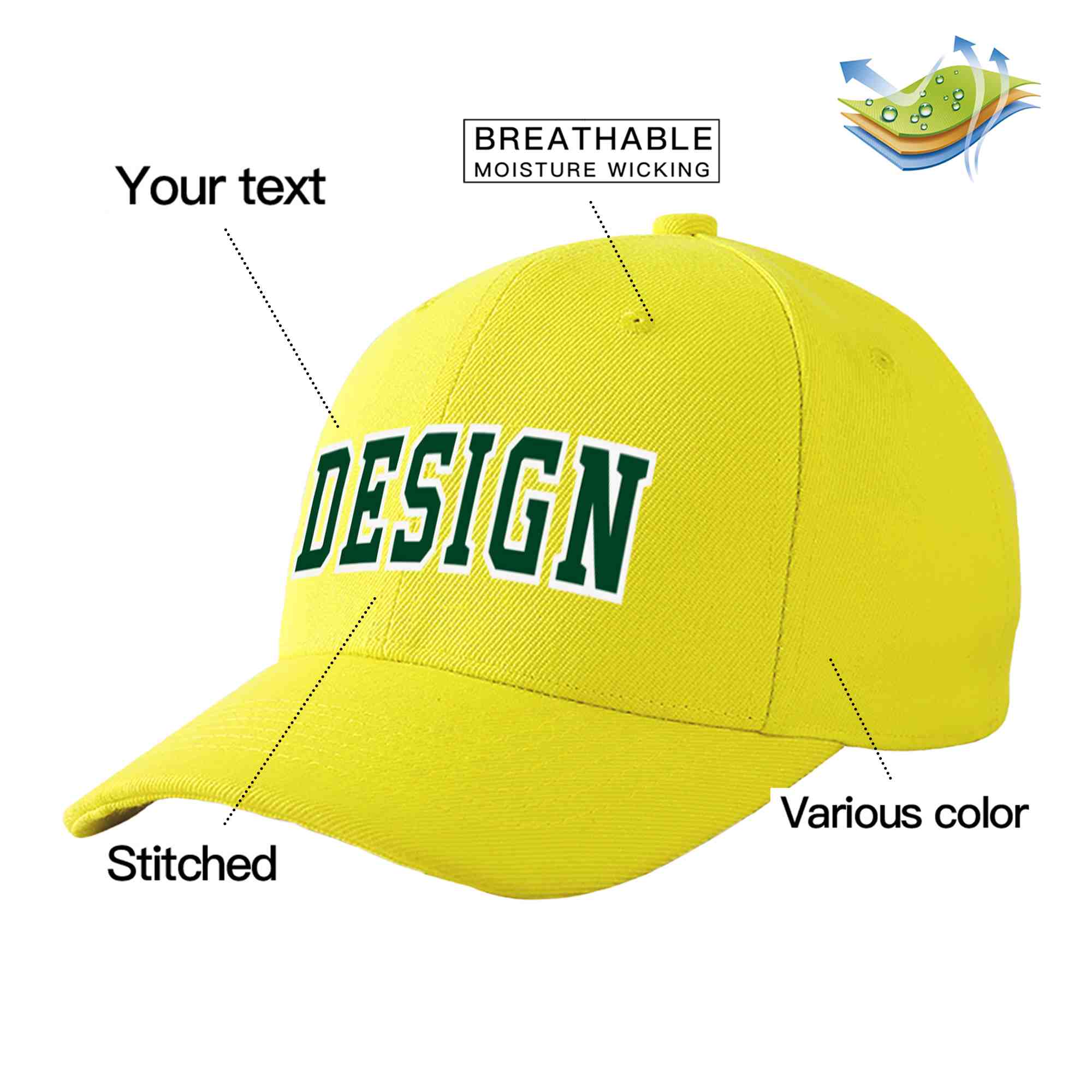 Casquette de baseball incurvée personnalisée jaune vert-blanc avec avant-toit