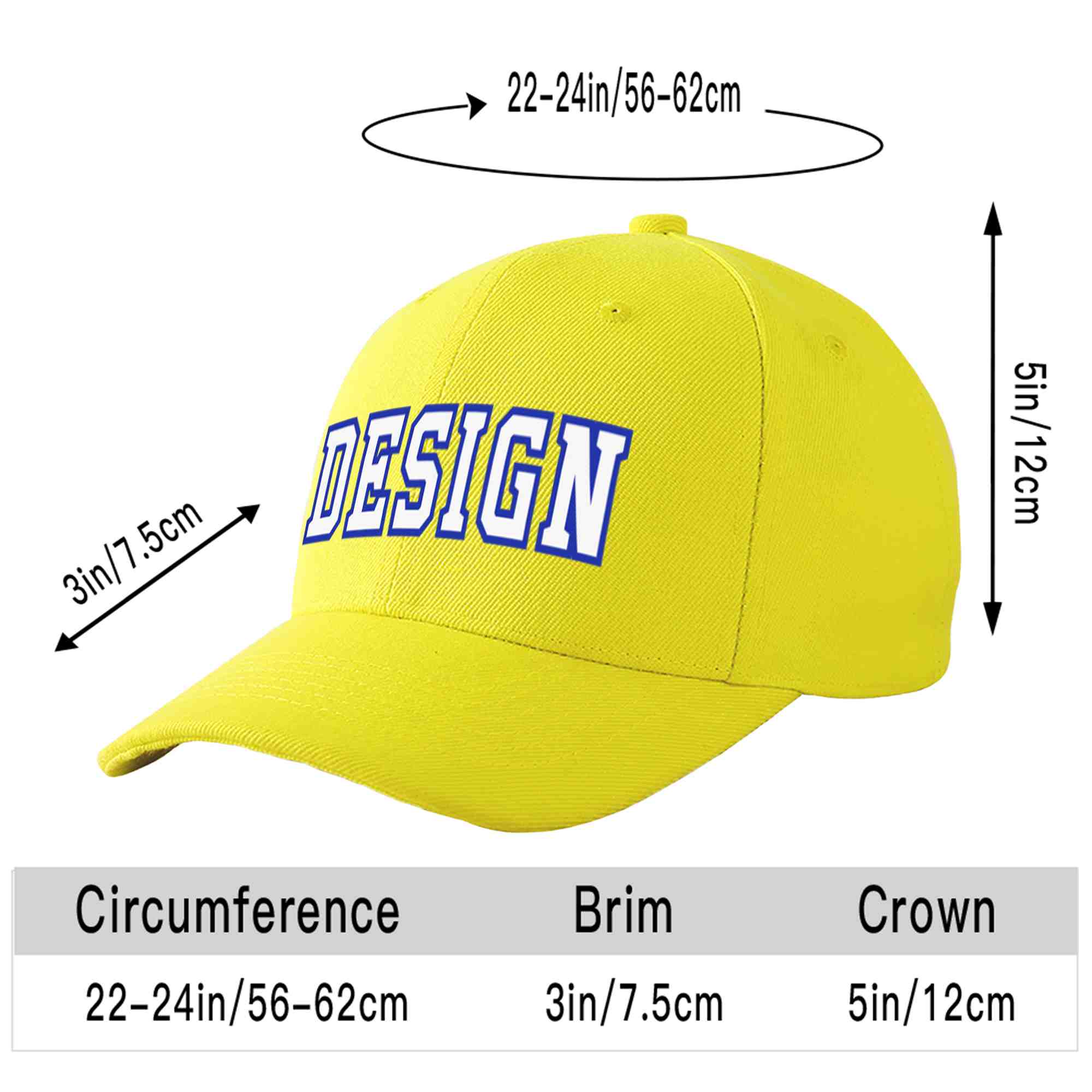 Custom Yellow Royal-White Curved Eaves Sport Design Baseball Cap