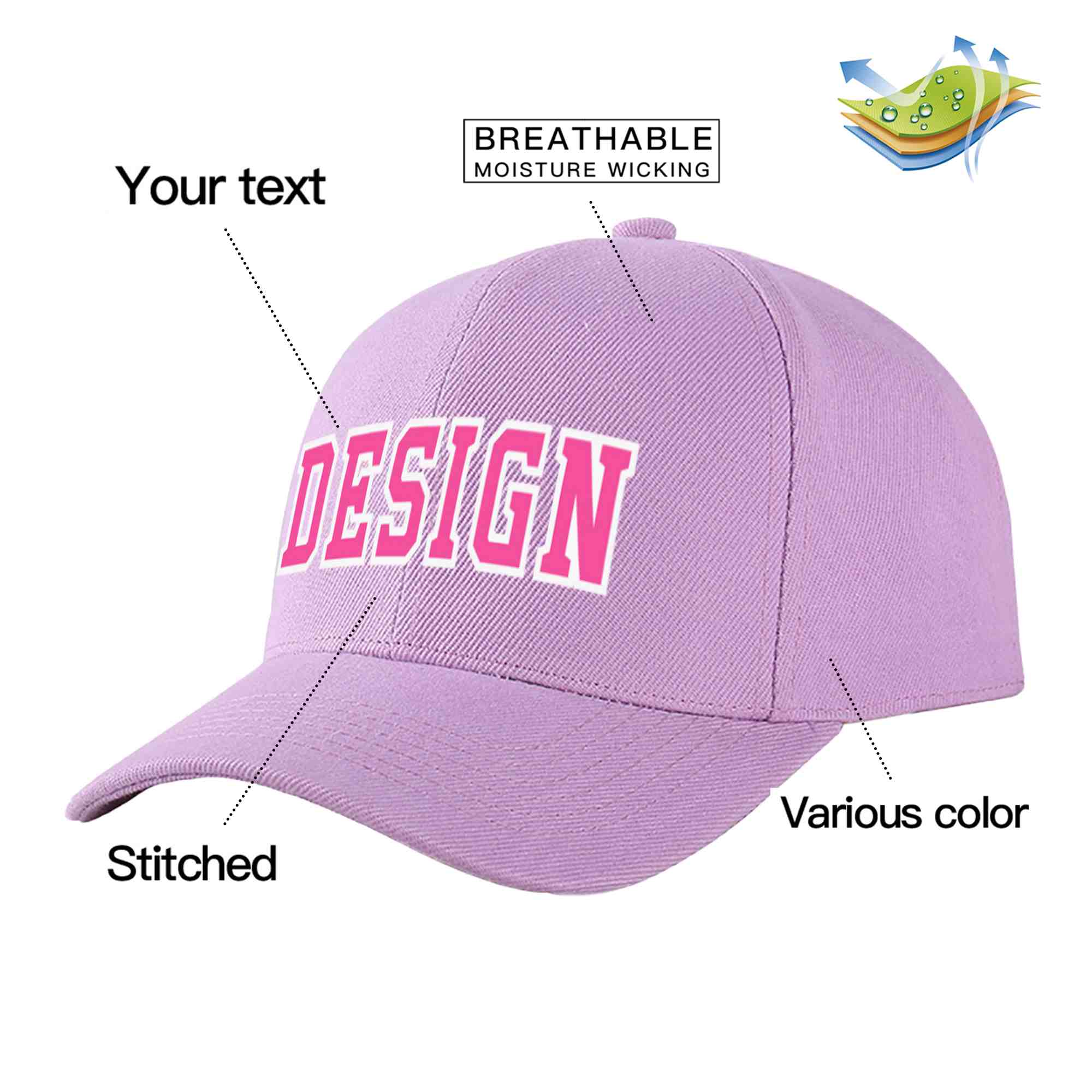 Custom Light Purple Pink-White Curved Eaves Sport Design Baseball Cap