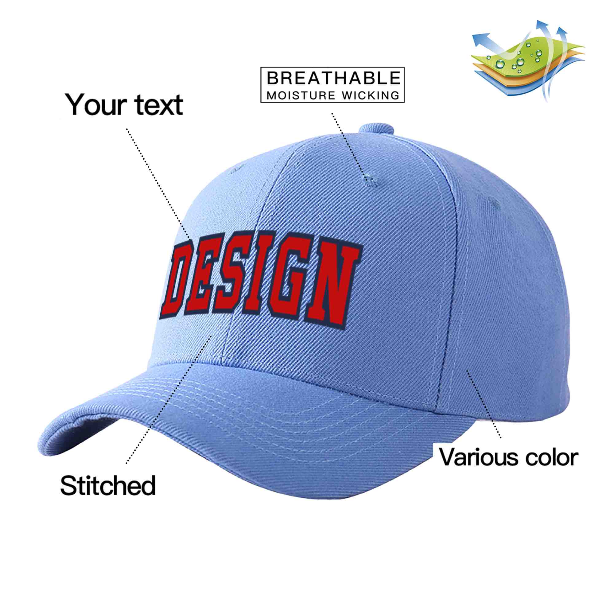 Custom Sky Blue Red-Navy Curved Eaves Sport Design Baseball Cap