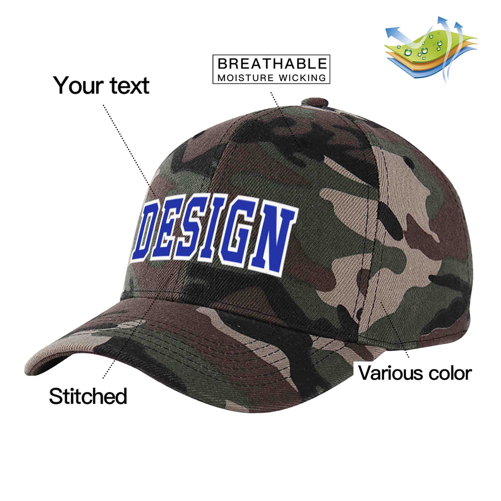 Casquette de baseball personnalisée Camo Royal-White Curved Eaves Sport Design