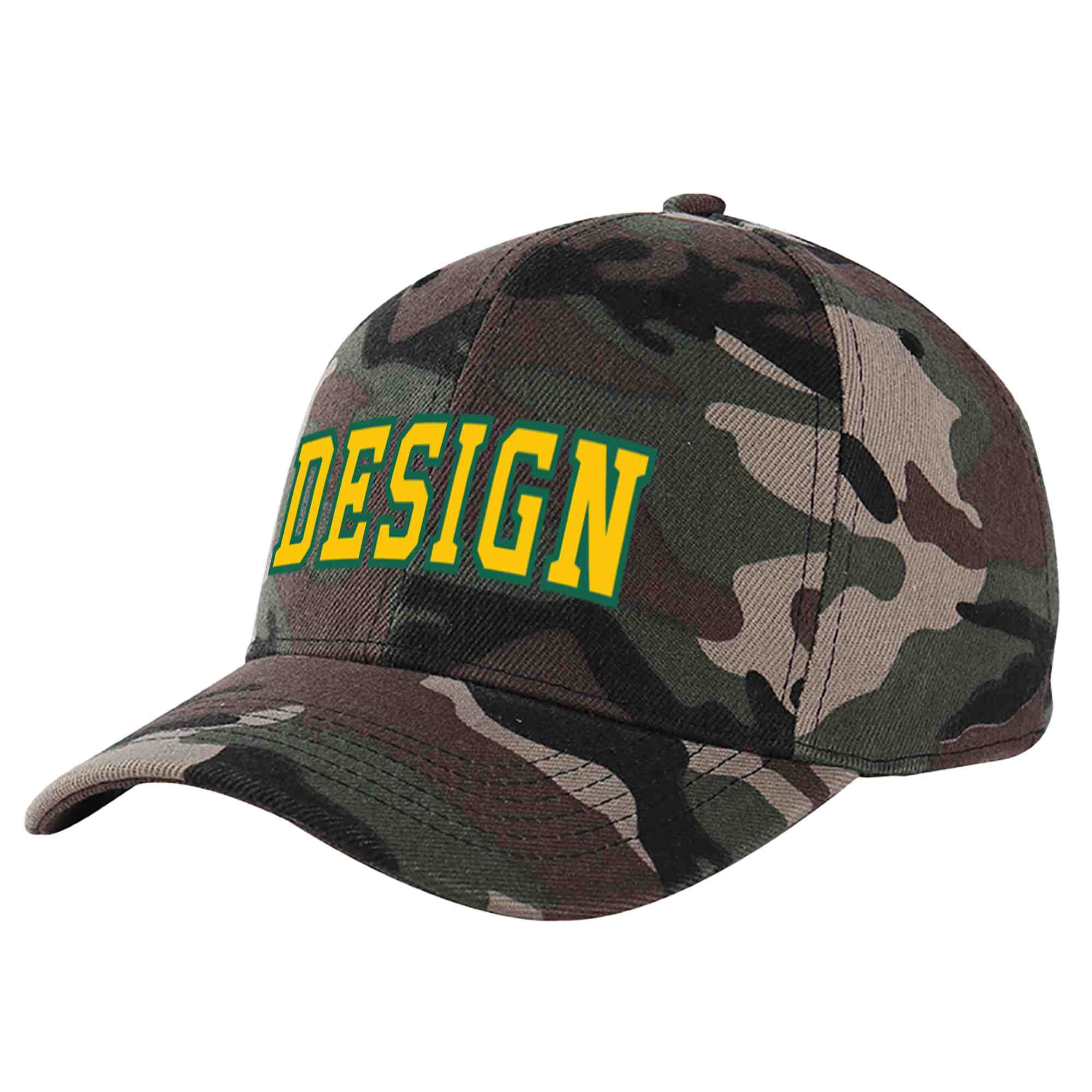 Custom Camo Gold-Kelly Green Curved Eaves Sport Design Baseball Cap