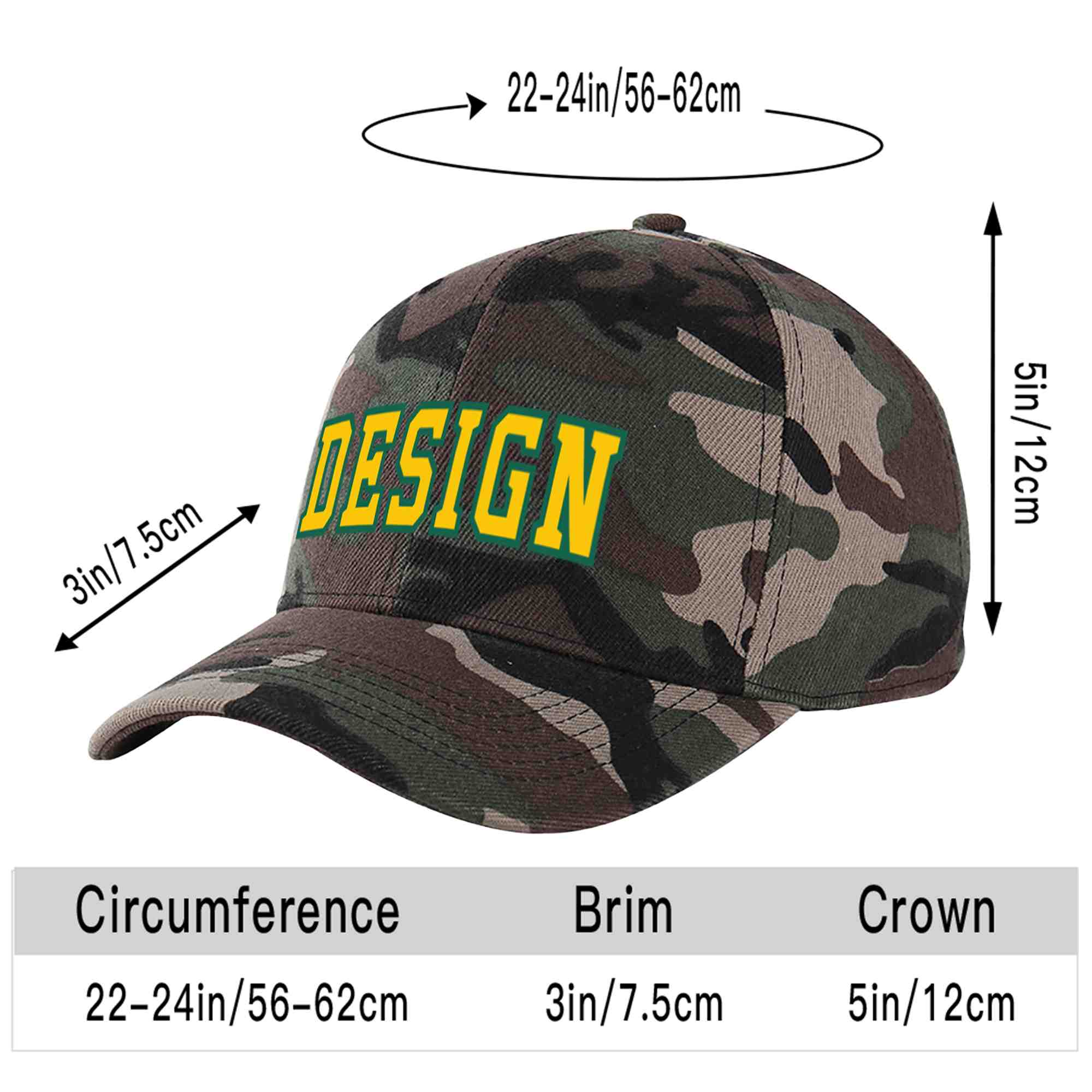 Custom Camo Gold-Kelly Green Curved Eaves Sport Design Baseball Cap