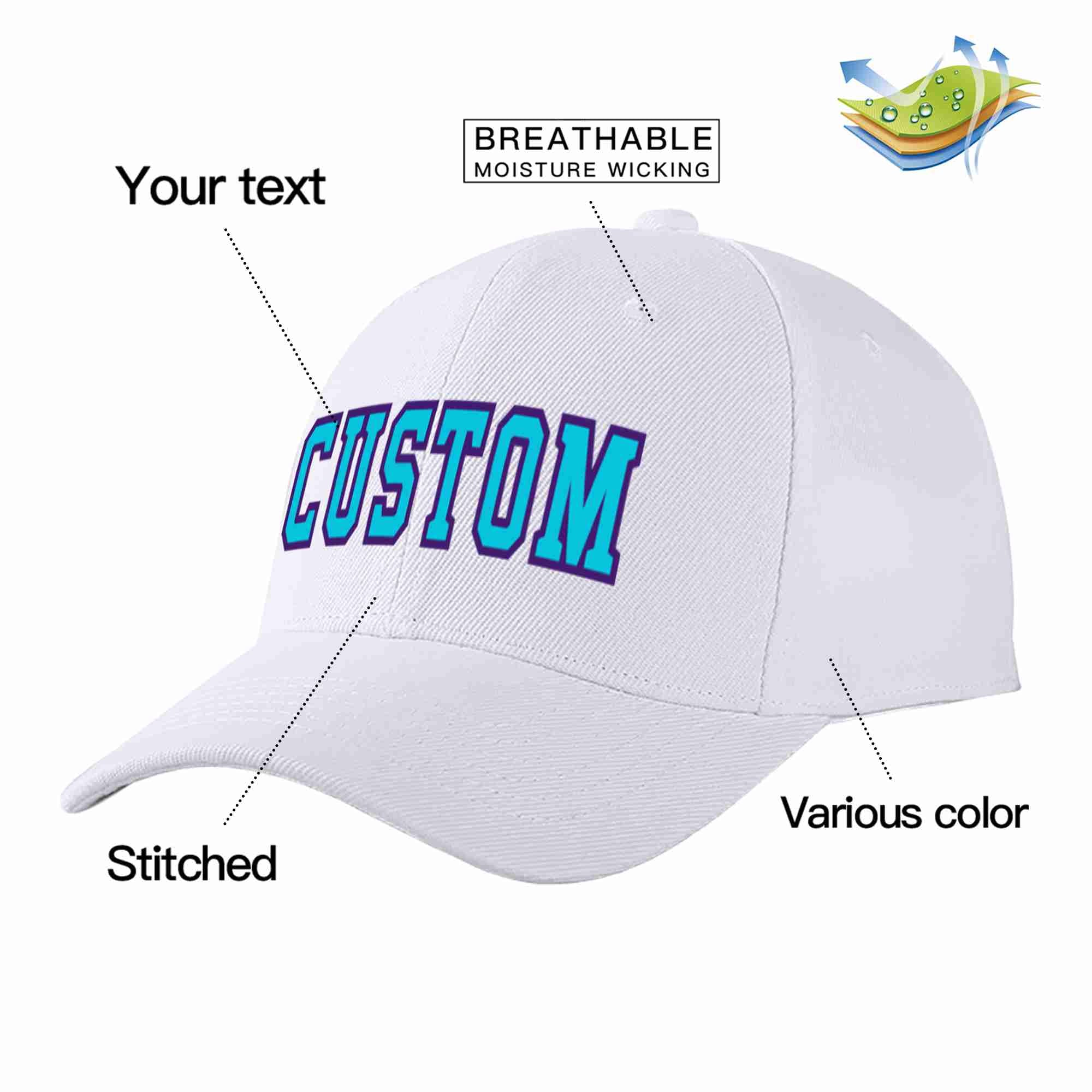 Conception personnalisée de casquette de baseball de sport incurvée bleu clair-violet blanc pour hommes/femmes/jeunes