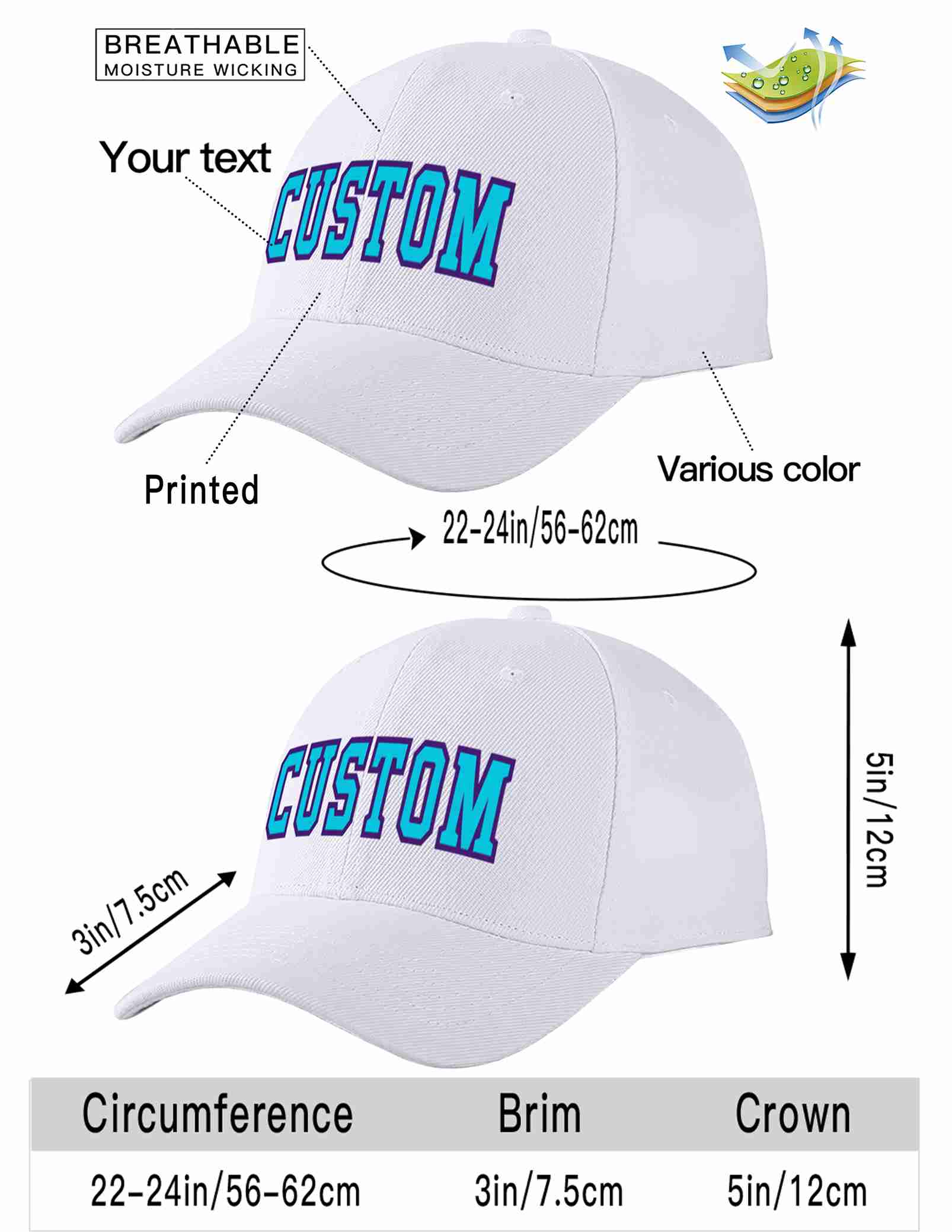 Custom White Light Blue-Purple Curved Eaves Sport Baseball Cap Design for Men/Women/Youth