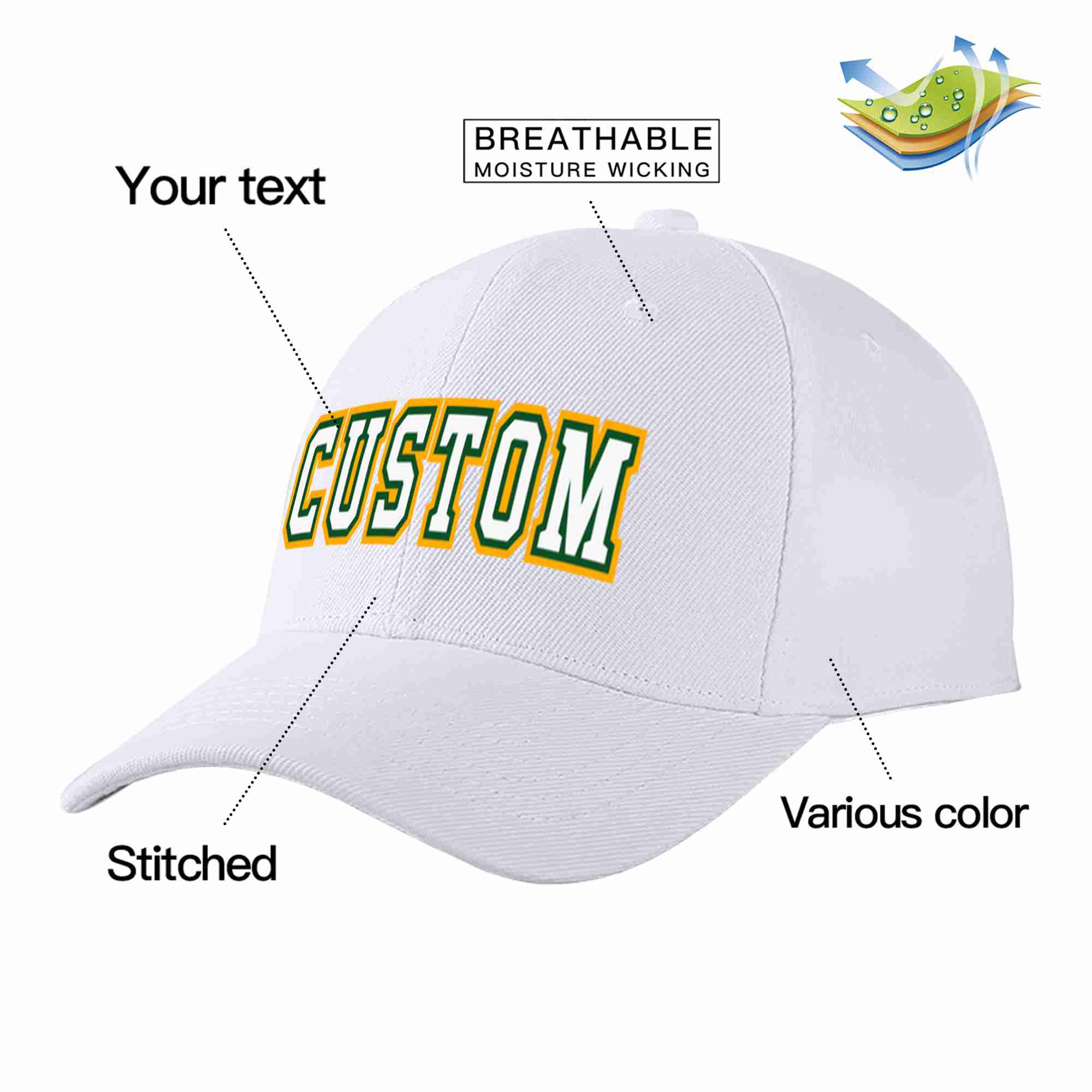 Conception personnalisée de casquette de baseball de sport incurvée blanc-vert Kelly pour hommes/femmes/jeunes