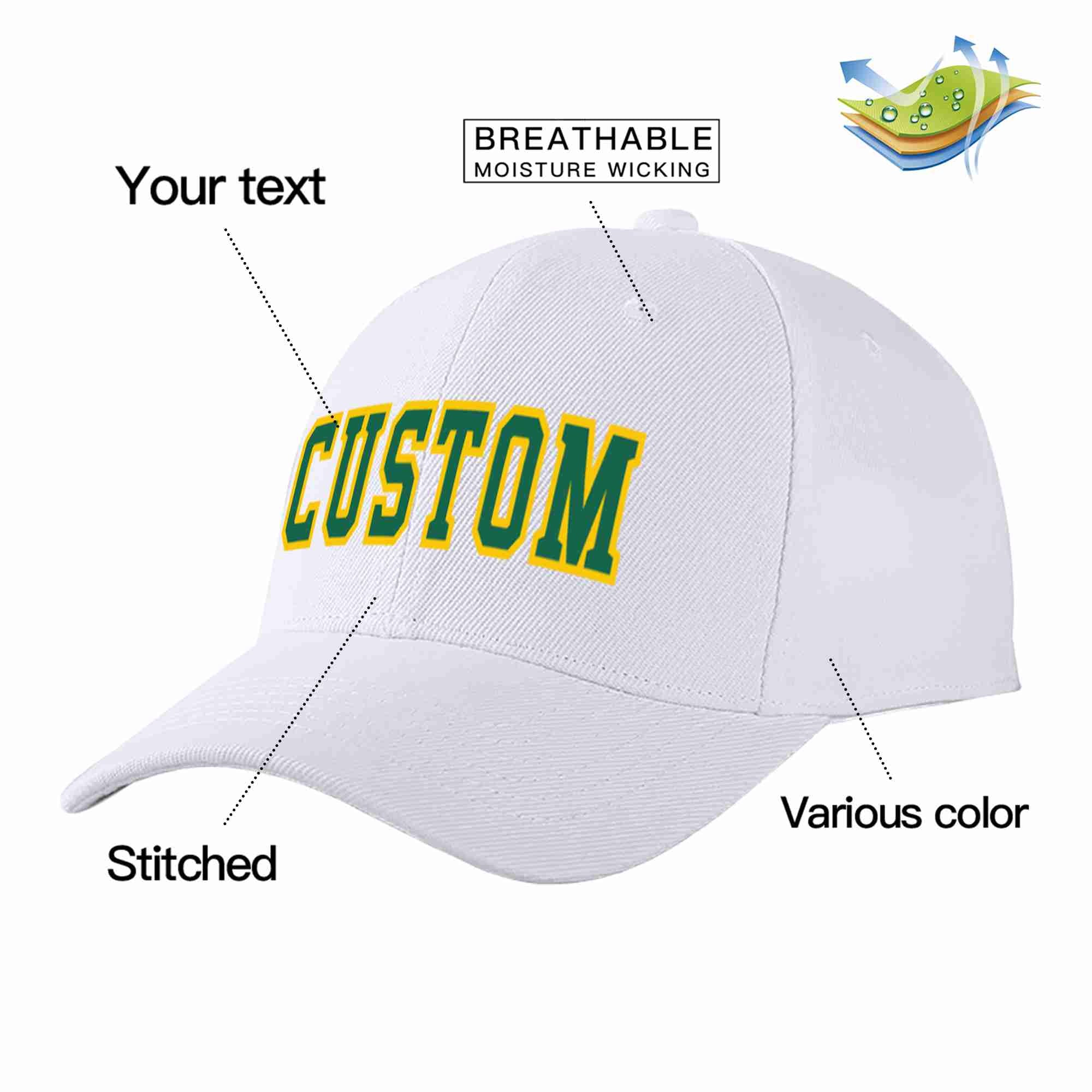 Custom White Kelly Green-Yellow Curved Eaves Sport Baseball Cap Design for Men/Women/Youth