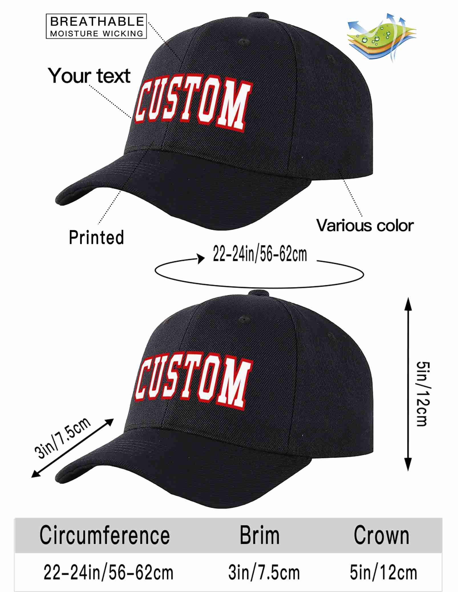 Custom Black White-Red Curved Eaves Sport Baseball Cap Design for Men/Women/Youth