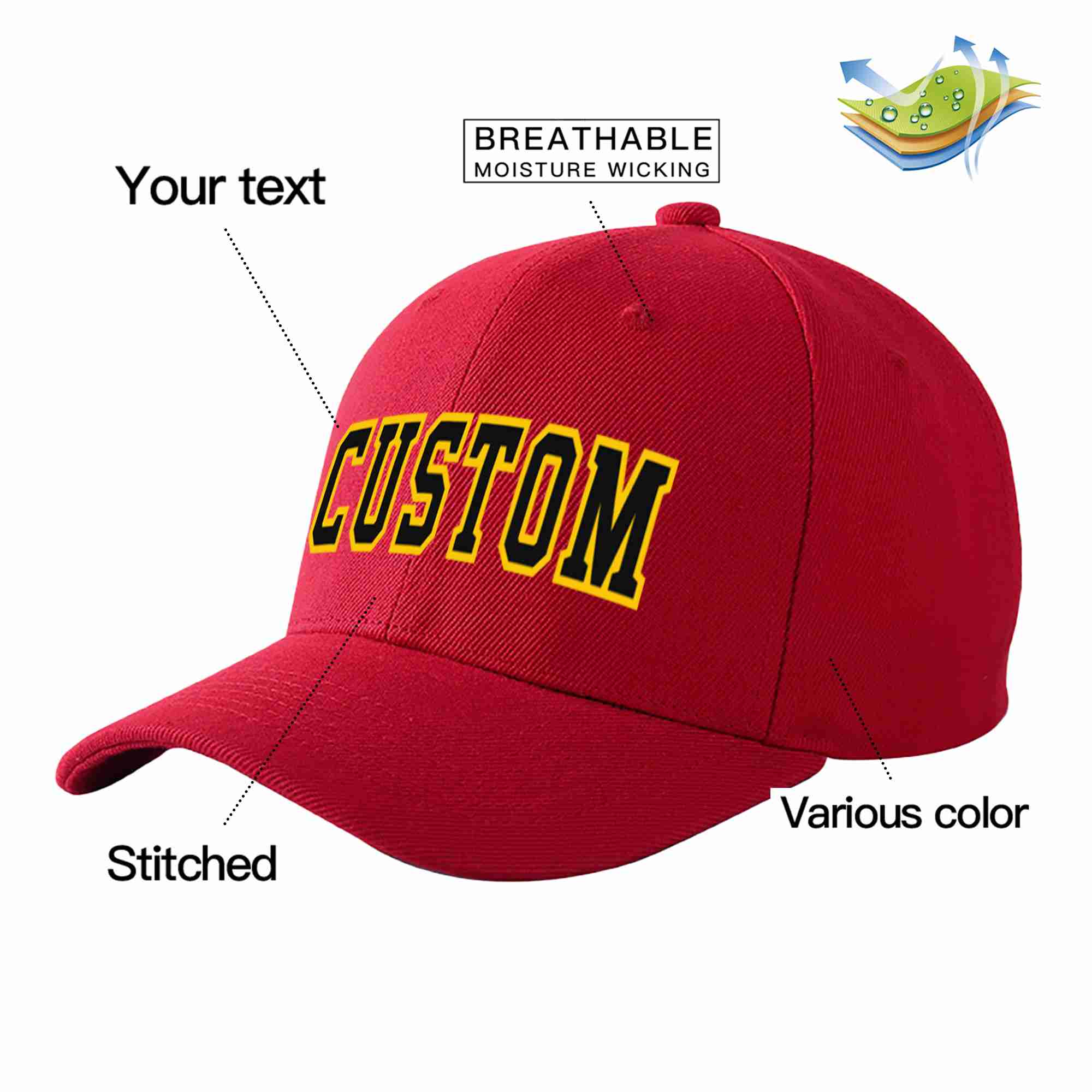 Custom Red Black-Gold Curved Eaves Sport Baseball Cap Design for Men/Women/Youth