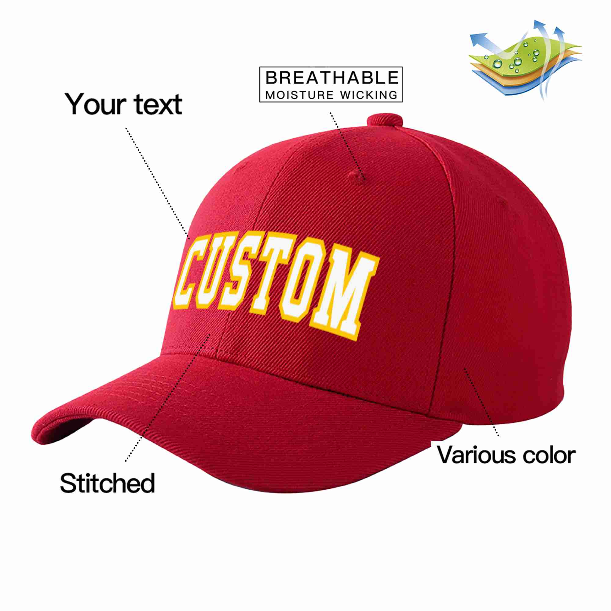 Conception personnalisée de casquette de baseball de sport courbée rouge blanc-or pour hommes/femmes/jeunes