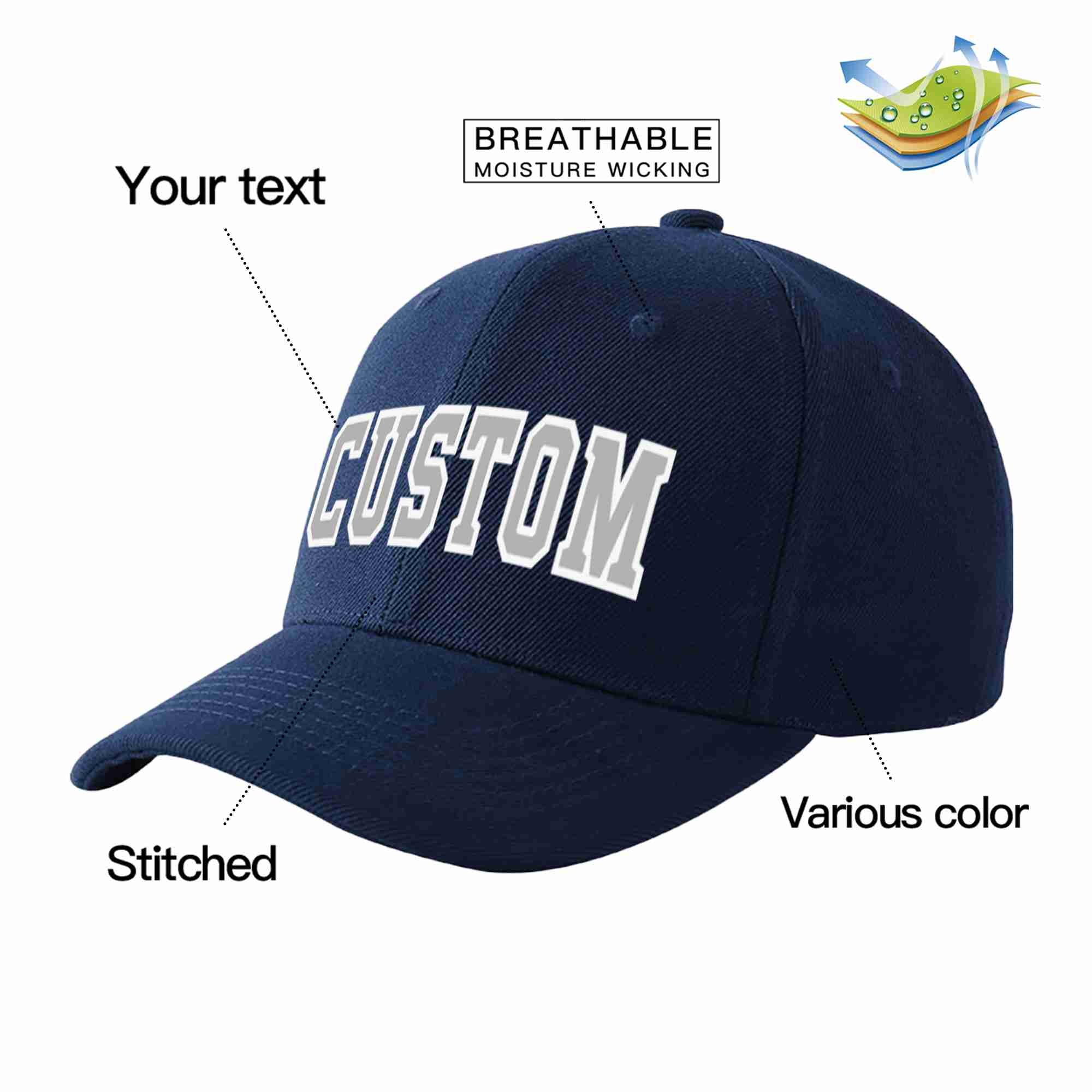 Conception personnalisée de casquette de baseball de sport incurvée gris-blanc pour hommes/femmes/jeunes