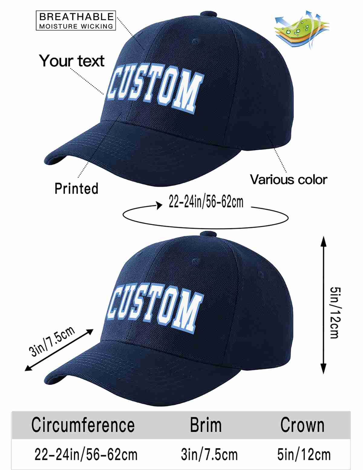 Conception personnalisée de casquette de baseball de sport incurvée blanc-bleu clair pour hommes/femmes/jeunes