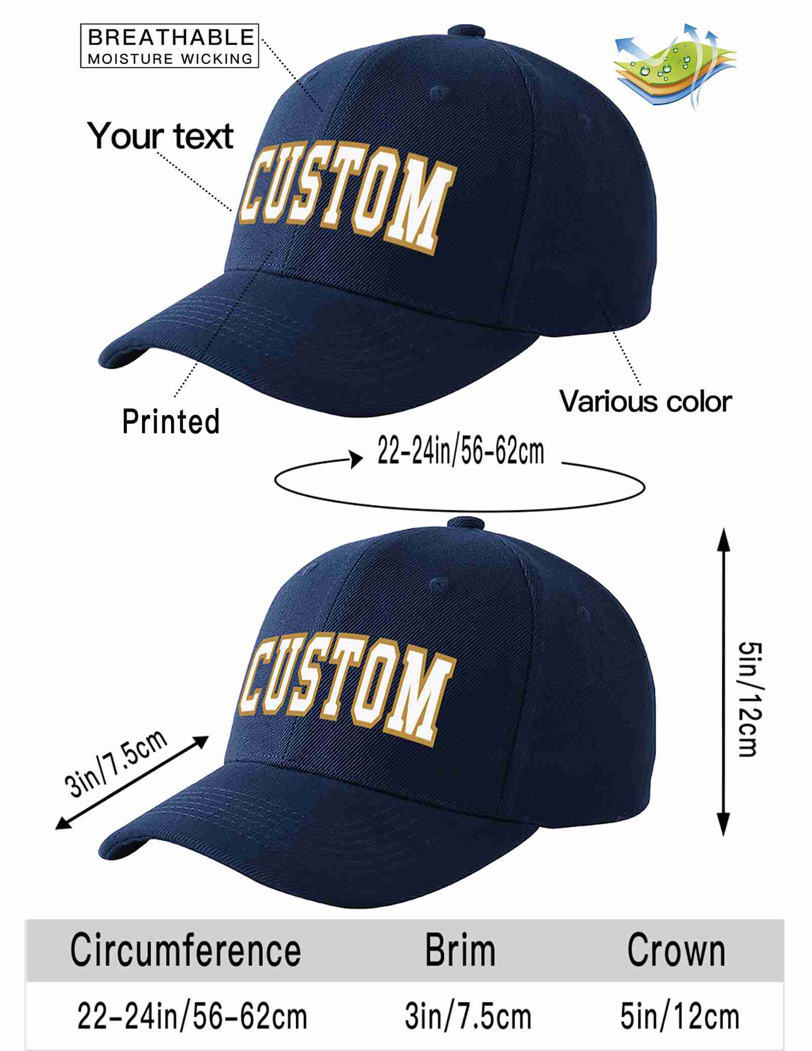 Custom Navy White-Old Gold Curved Eaves Sport Baseball Cap Design for Men/Women/Youth