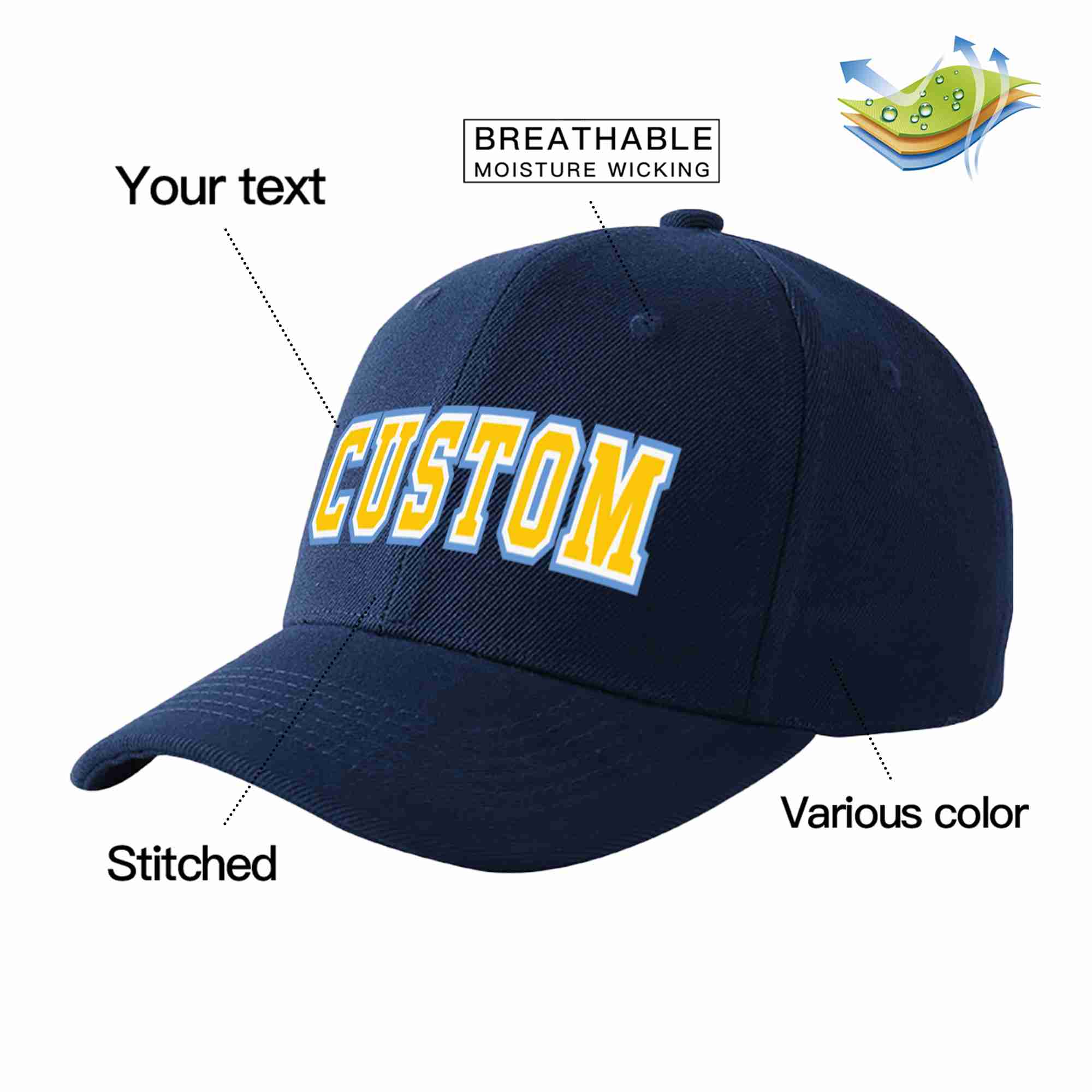 Custom Navy Gold-White Curved Eaves Sport Baseball Cap Design for Men/Women/Youth